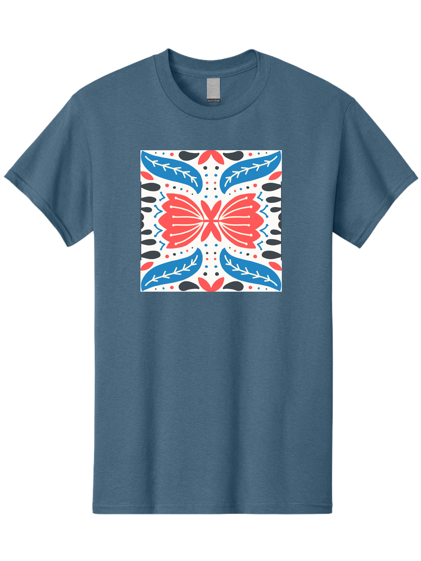Butterfly-Pattern Men'S Graphic Tee, 100% Cotton, Comfortable Casual Summer Wear, Machine Washable, Butterfly, Floral Pattern, Red And Blue, Abstract Design, Symmetrical Shape, Graphic Illustration, Folk Art, Decorative Elements, Leaf Shapes Aab675 13