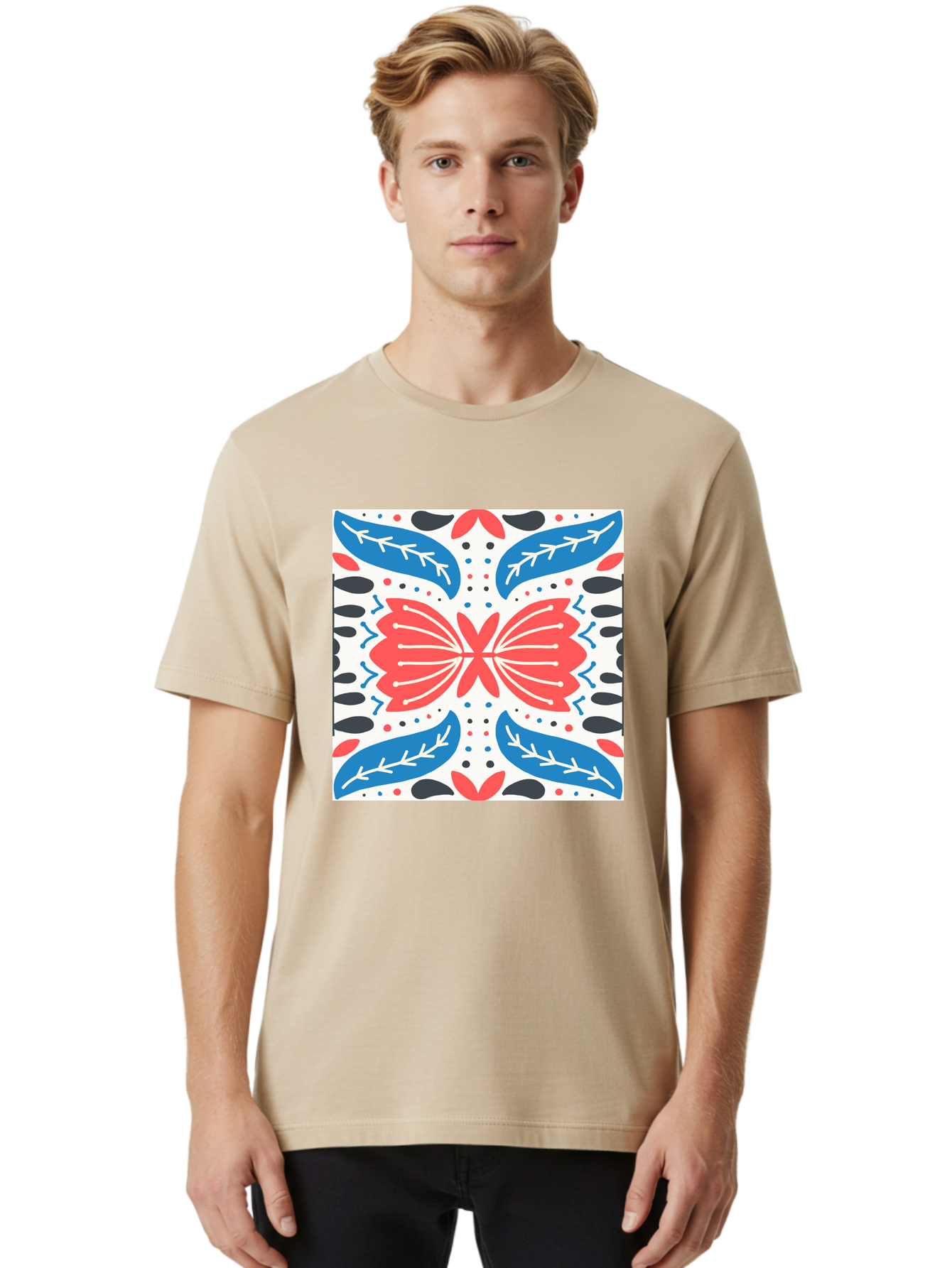 Butterfly-Pattern Men'S Graphic Tee, 100% Cotton, Comfortable Casual Summer Wear, Machine Washable, Butterfly, Floral Pattern, Red And Blue, Abstract Design, Symmetrical Shape, Graphic Illustration, Folk Art, Decorative Elements, Leaf Shapes Aab675 28
