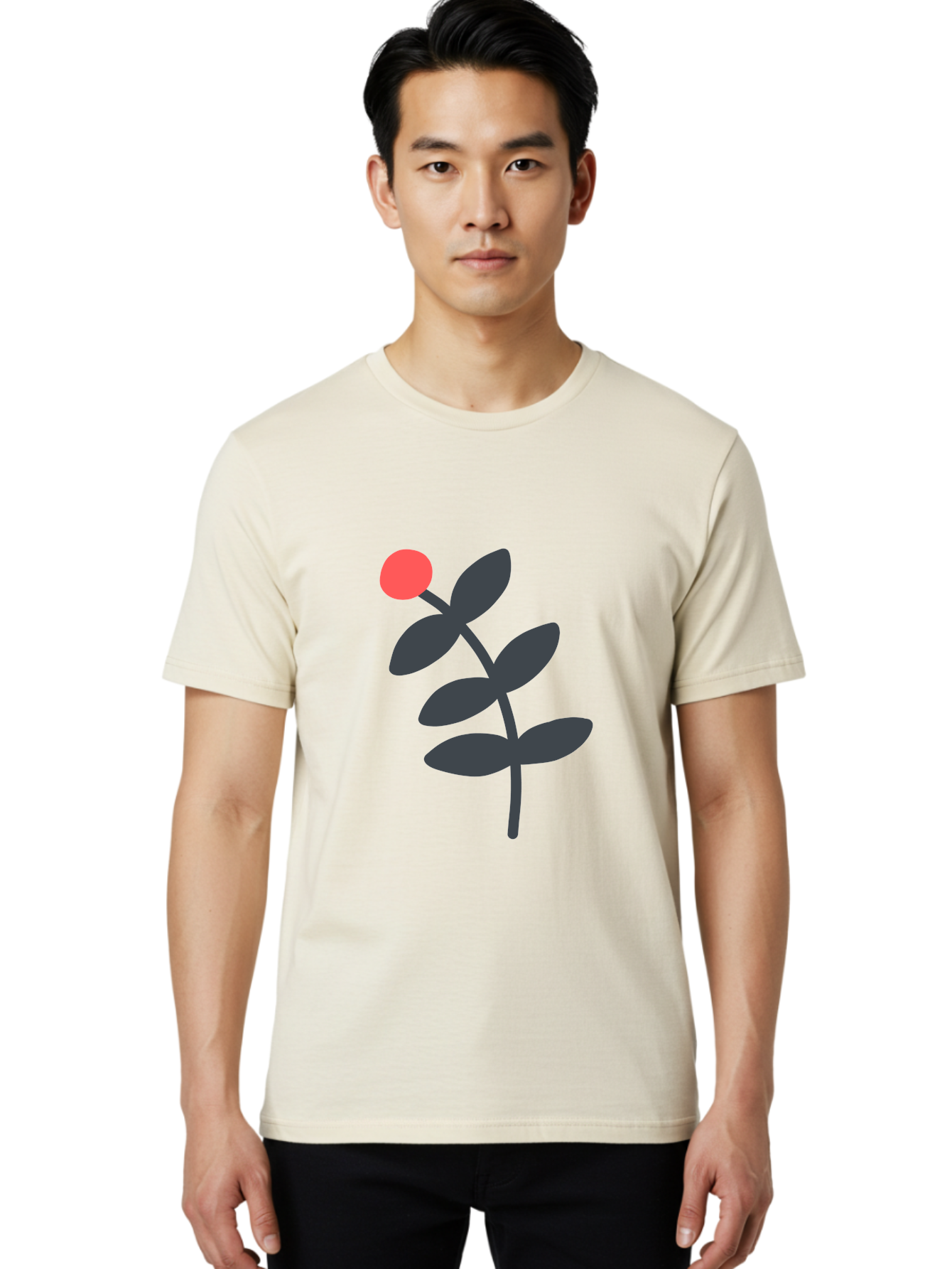 Dark-Purple-Leaves-With-Red-Berry Men'S Graphic Tee, 100% Cotton, Comfortable Casual Summer Wear, Machine Washable, Red Berry, Dark Leaves, Simple Graphic, Minimalist Design, Floral Illustration, Botanical Art, Modern Style, Bold Colors Aab689 2