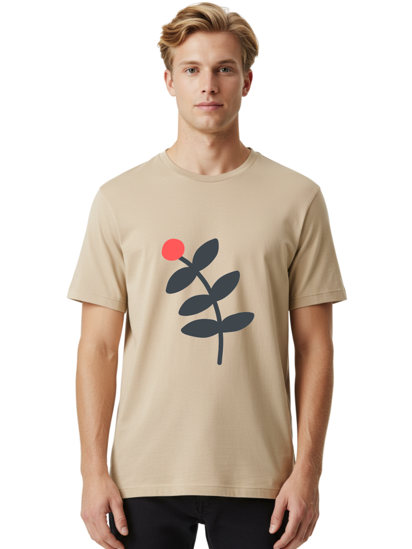 Dark-Purple-Leaves-With-Red-Berry Men'S Graphic Tee, 100% Cotton, Comfortable Casual Summer Wear, Machine Washable, Red Berry, Dark Leaves, Simple Graphic, Minimalist Design, Floral Illustration, Botanical Art, Modern Style, Bold Colors Aab689 30