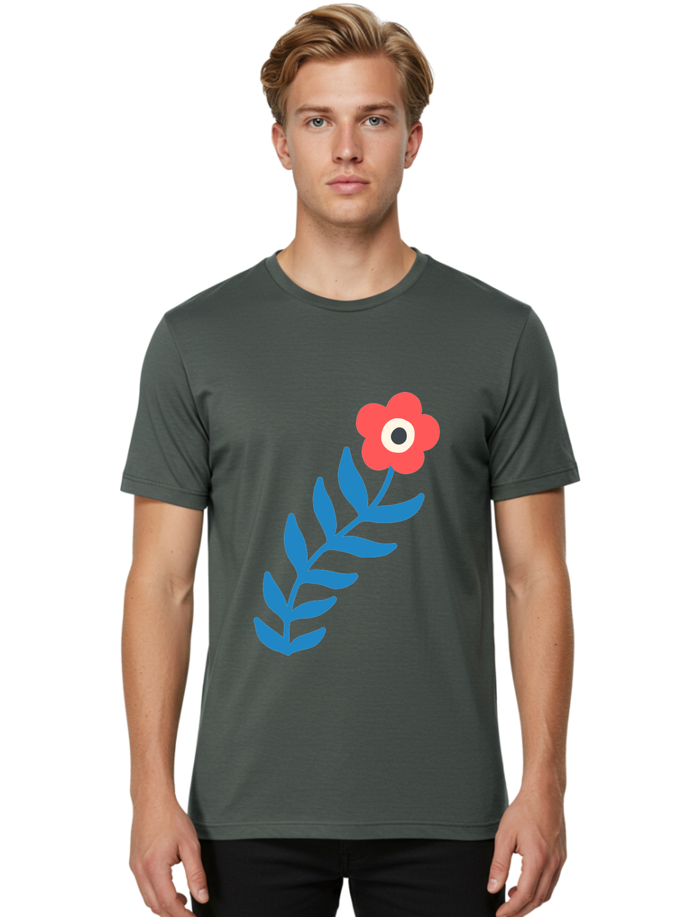 Evil-Eye-Flower Men'S Graphic Tee, 100% Cotton, Comfortable Casual Summer Wear, Machine Washable, Red Flower With White And Black Center, Blue Leaves, Abstract Floral Design, Modern Art, Stylized Bloom, Simple Shapes, Minimalist Illustration Aab697 6