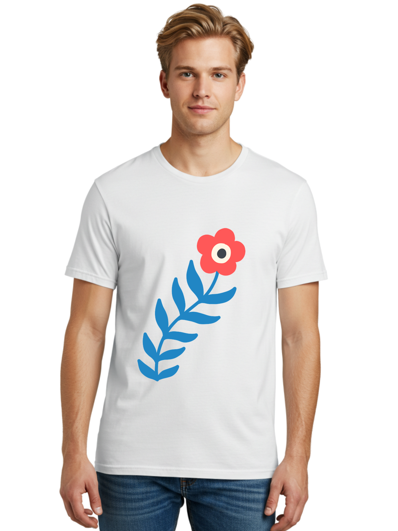 Evil-Eye-Flower Men'S Graphic Tee, 100% Cotton, Comfortable Casual Summer Wear, Machine Washable, Red Flower With White And Black Center, Blue Leaves, Abstract Floral Design, Modern Art, Stylized Bloom, Simple Shapes, Minimalist Illustration Aab697 2