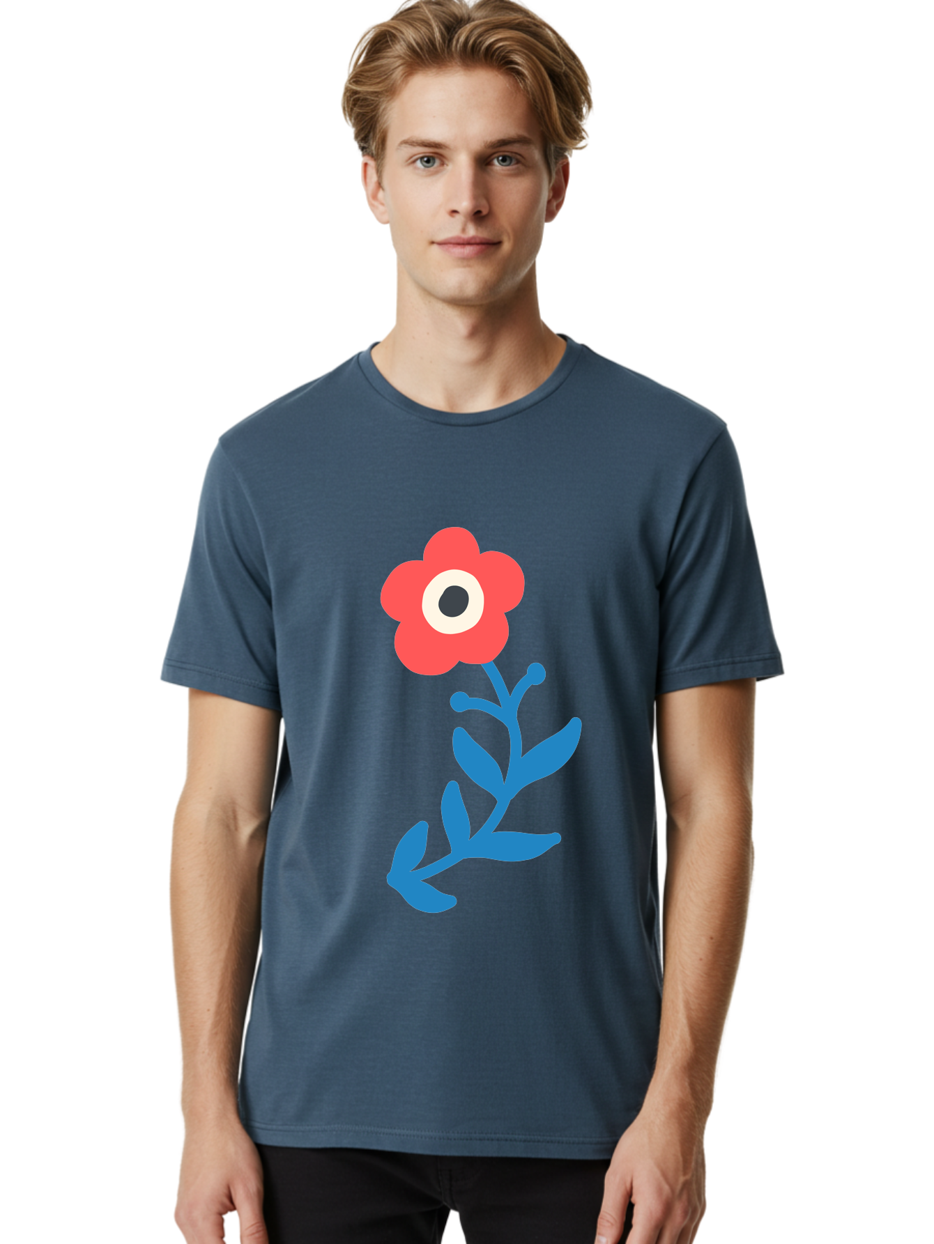 Eye-Flower Men'S Graphic Tee, 100% Cotton, Comfortable Casual Summer Wear, Machine Washable, Cartoon Flower, Floral Design, Red Bloom, Blue Leaves, Eye In Flower, Quirky Art, Illustration, Pop Art, Modern Art, Abstract Art, Red Petals, Aab699 18