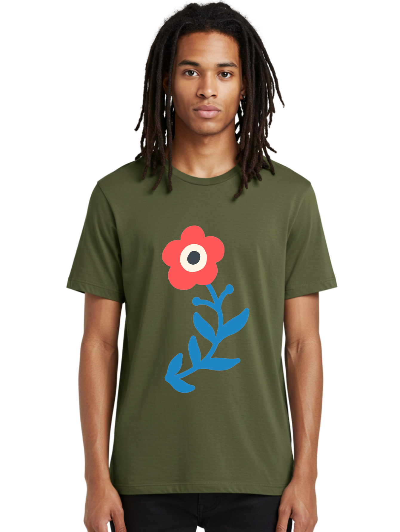 Eye-Flower Men'S Graphic Tee, 100% Cotton, Comfortable Casual Summer Wear, Machine Washable, Cartoon Flower, Floral Design, Red Bloom, Blue Leaves, Eye In Flower, Quirky Art, Illustration, Pop Art, Modern Art, Abstract Art, Red Petals, Aab699 2