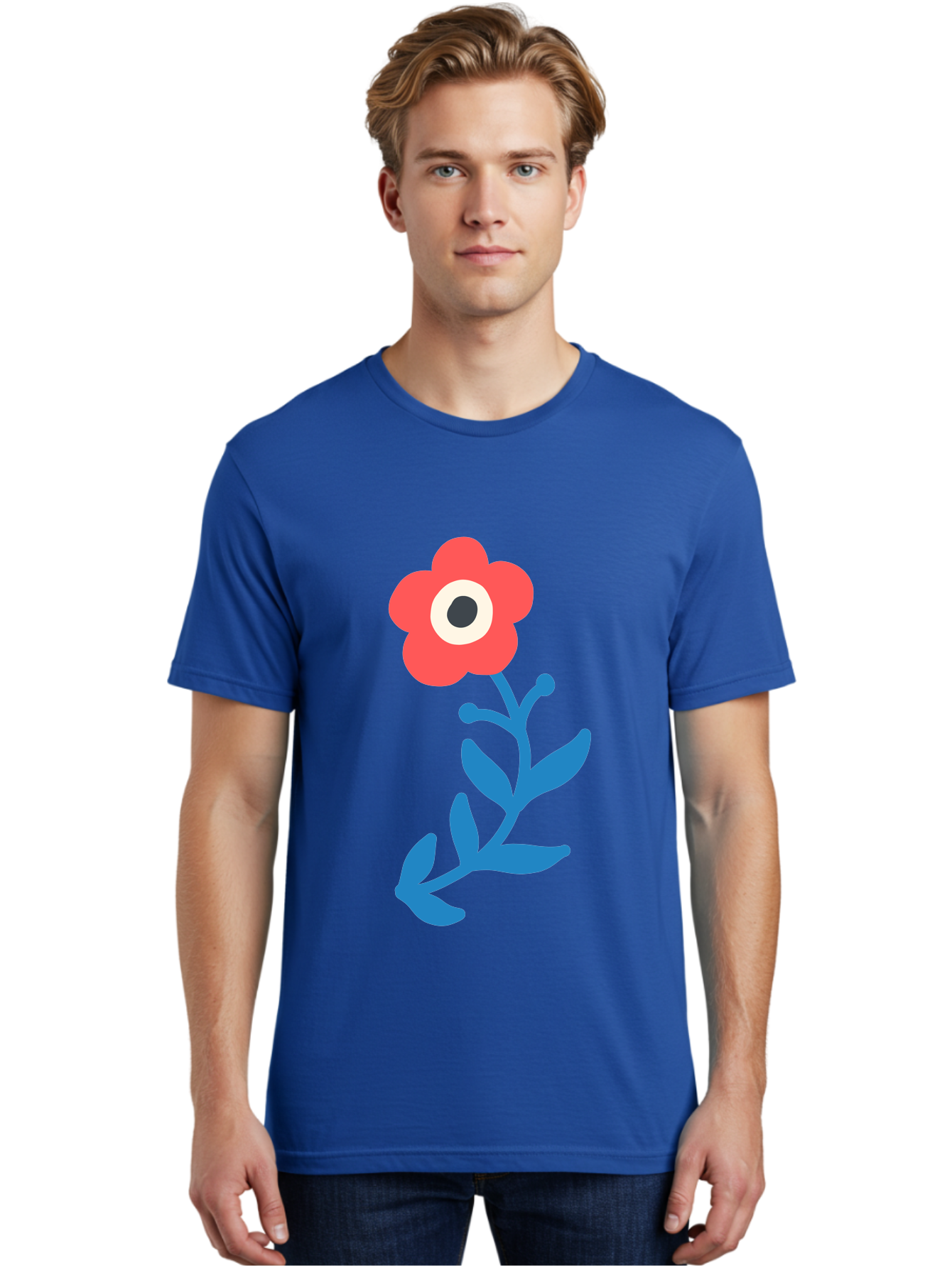 Eye-Flower Men'S Graphic Tee, 100% Cotton, Comfortable Casual Summer Wear, Machine Washable, Cartoon Flower, Floral Design, Red Bloom, Blue Leaves, Eye In Flower, Quirky Art, Illustration, Pop Art, Modern Art, Abstract Art, Red Petals, Aab699 30