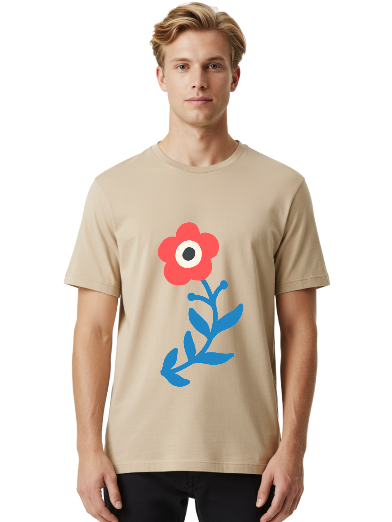 Eye-Flower Men'S Graphic Tee, 100% Cotton, Comfortable Casual Summer Wear, Machine Washable, Cartoon Flower, Floral Design, Red Bloom, Blue Leaves, Eye In Flower, Quirky Art, Illustration, Pop Art, Modern Art, Abstract Art, Red Petals, Aab699 20