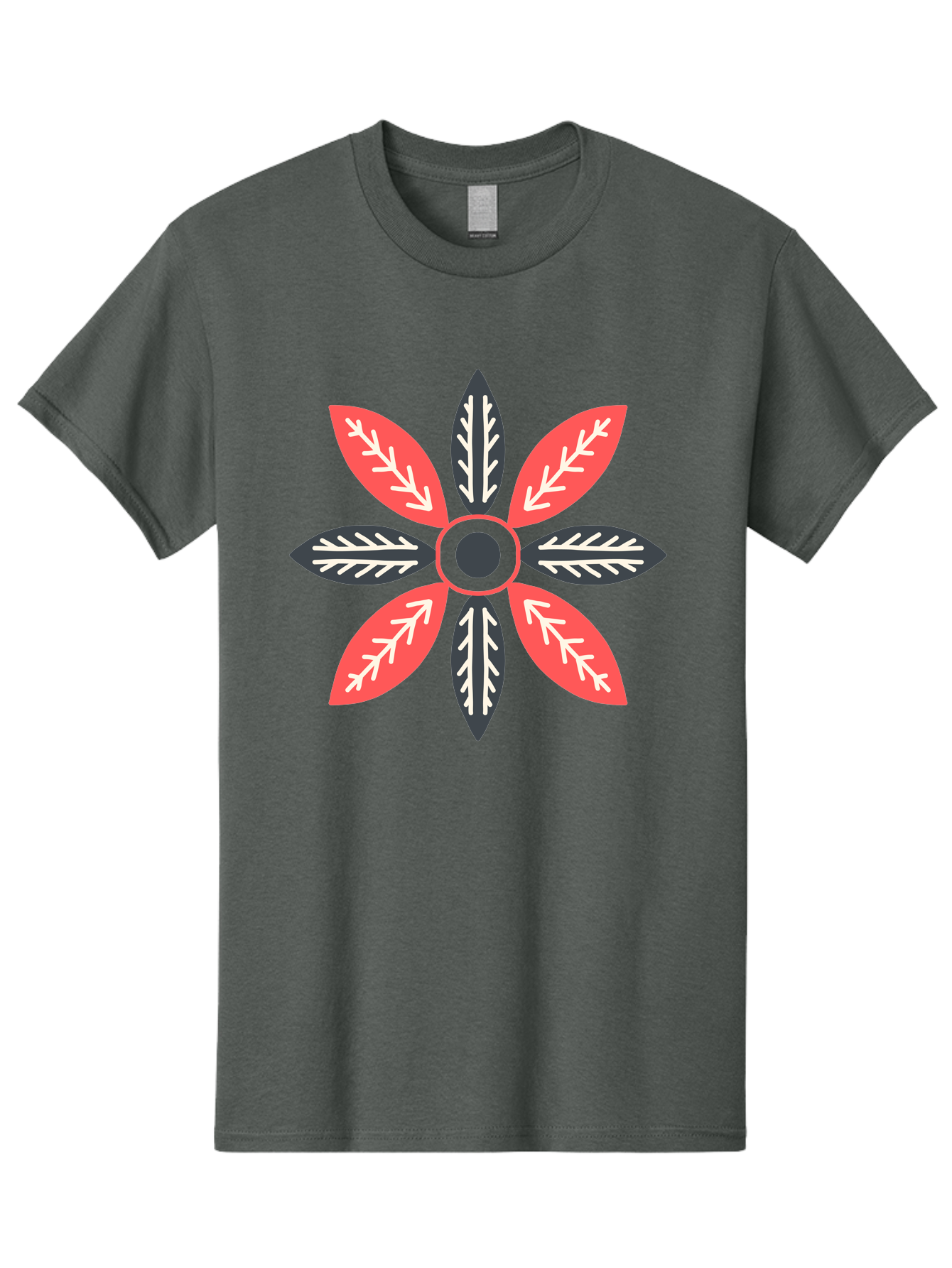 Floral-Emblem Men'S Graphic Tee, 100% Cotton, Comfortable Casual Summer Wear, Machine Washable, Symmetrical Floral Design, Red And Black Petals, White Leaf Details, Circular Pattern, Abstract Flower, Geometric Shapes, Graphic Illustration, Aab701 21
