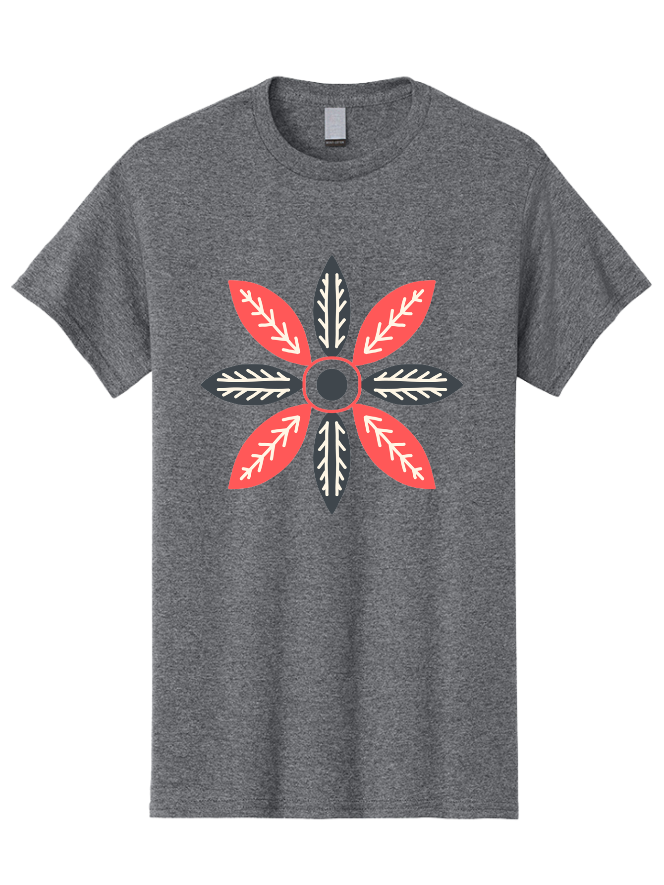 Floral-Emblem Men'S Graphic Tee, 100% Cotton, Comfortable Casual Summer Wear, Machine Washable, Symmetrical Floral Design, Red And Black Petals, White Leaf Details, Circular Pattern, Abstract Flower, Geometric Shapes, Graphic Illustration, Aab701 17