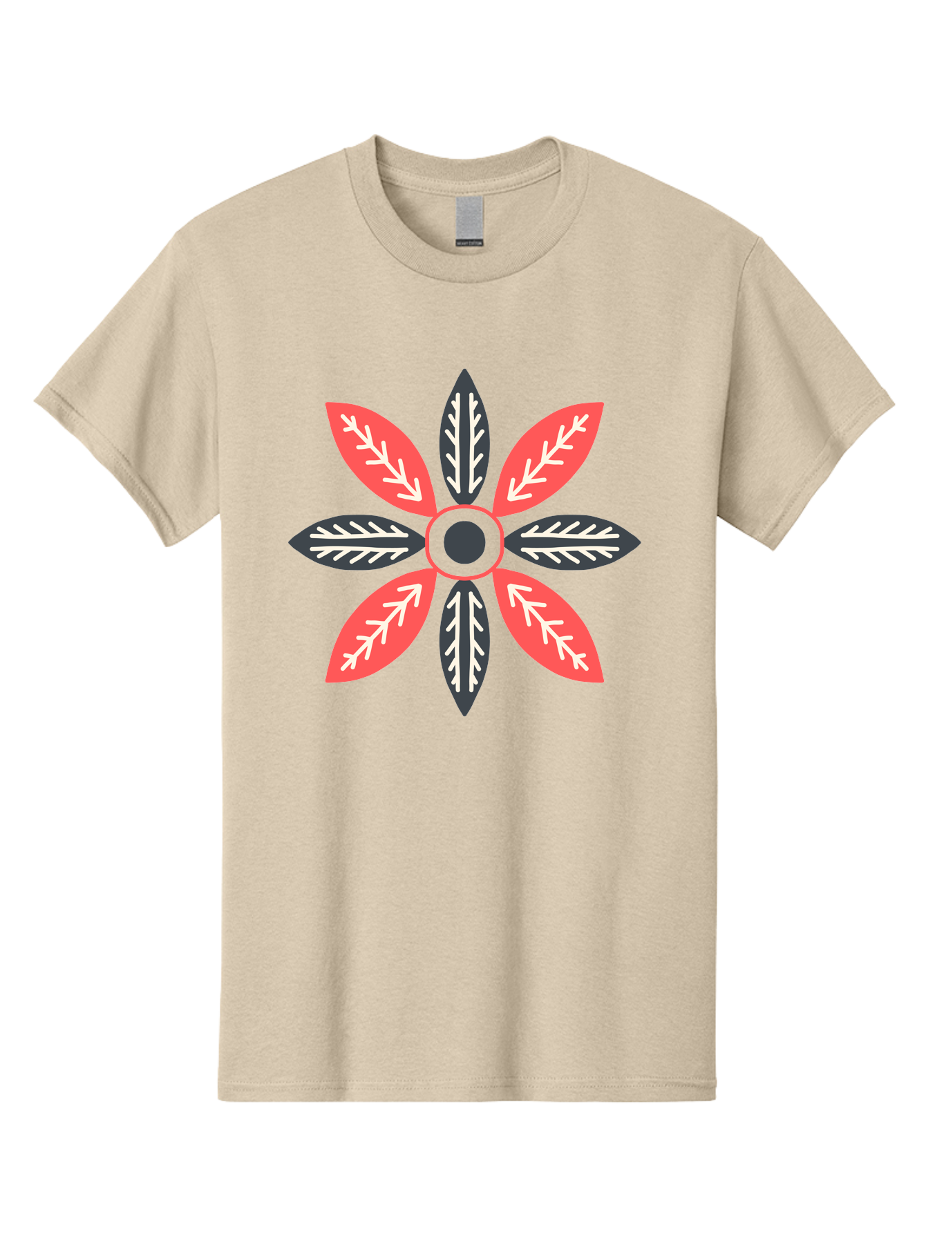 Floral-Emblem Men'S Graphic Tee, 100% Cotton, Comfortable Casual Summer Wear, Machine Washable, Symmetrical Floral Design, Red And Black Petals, White Leaf Details, Circular Pattern, Abstract Flower, Geometric Shapes, Graphic Illustration, Aab701 27