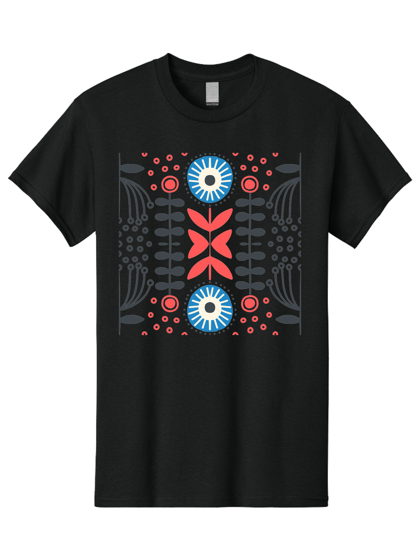 Floral-Pattern-10 Men'S Graphic Tee, 100% Cotton, Comfortable Casual Summer Wear, Machine Washable, Floral Pattern, Stylized Flowers, Symmetrical Design, Blue And Pink Flowers, Black Leaves, Geometric Shapes, Abstract Art, Vibrant Colors, Aab703 11