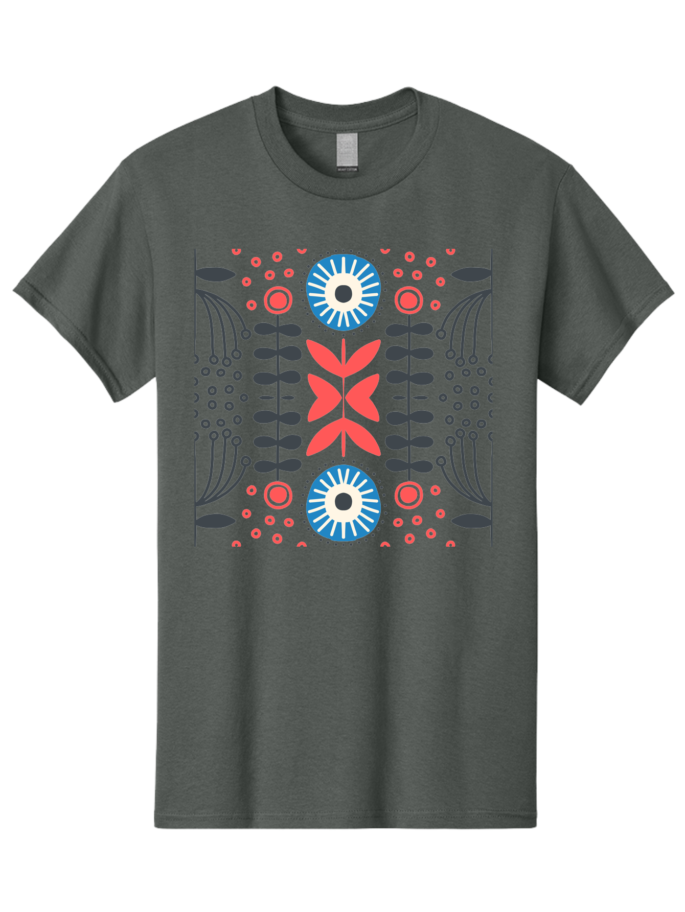 Floral-Pattern-10 Men'S Graphic Tee, 100% Cotton, Comfortable Casual Summer Wear, Machine Washable, Floral Pattern, Stylized Flowers, Symmetrical Design, Blue And Pink Flowers, Black Leaves, Geometric Shapes, Abstract Art, Vibrant Colors, Aab703 13