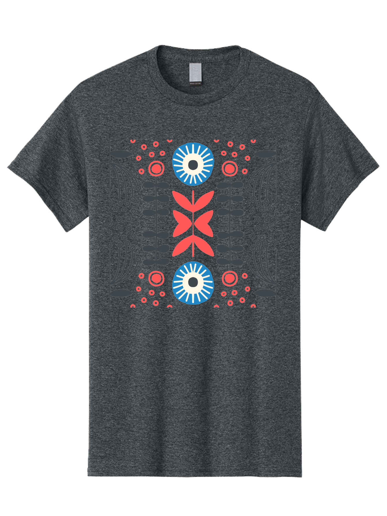 Floral-Pattern-10 Men'S Graphic Tee, 100% Cotton, Comfortable Casual Summer Wear, Machine Washable, Floral Pattern, Stylized Flowers, Symmetrical Design, Blue And Pink Flowers, Black Leaves, Geometric Shapes, Abstract Art, Vibrant Colors, Aab703 3