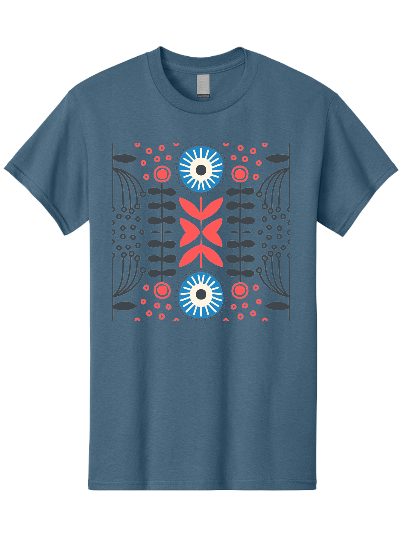 Floral-Pattern-10 Men'S Graphic Tee, 100% Cotton, Comfortable Casual Summer Wear, Machine Washable, Floral Pattern, Stylized Flowers, Symmetrical Design, Blue And Pink Flowers, Black Leaves, Geometric Shapes, Abstract Art, Vibrant Colors, Aab703 1