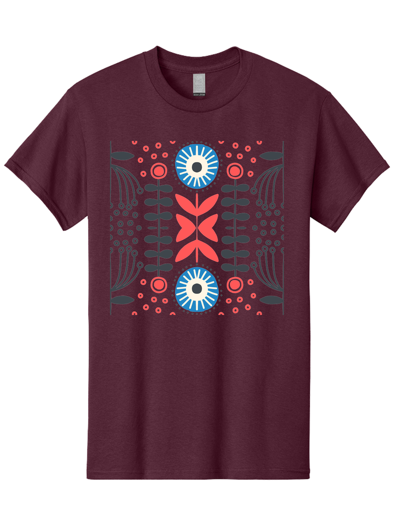 Floral-Pattern-10 Men'S Graphic Tee, 100% Cotton, Comfortable Casual Summer Wear, Machine Washable, Floral Pattern, Stylized Flowers, Symmetrical Design, Blue And Pink Flowers, Black Leaves, Geometric Shapes, Abstract Art, Vibrant Colors, Aab703 19