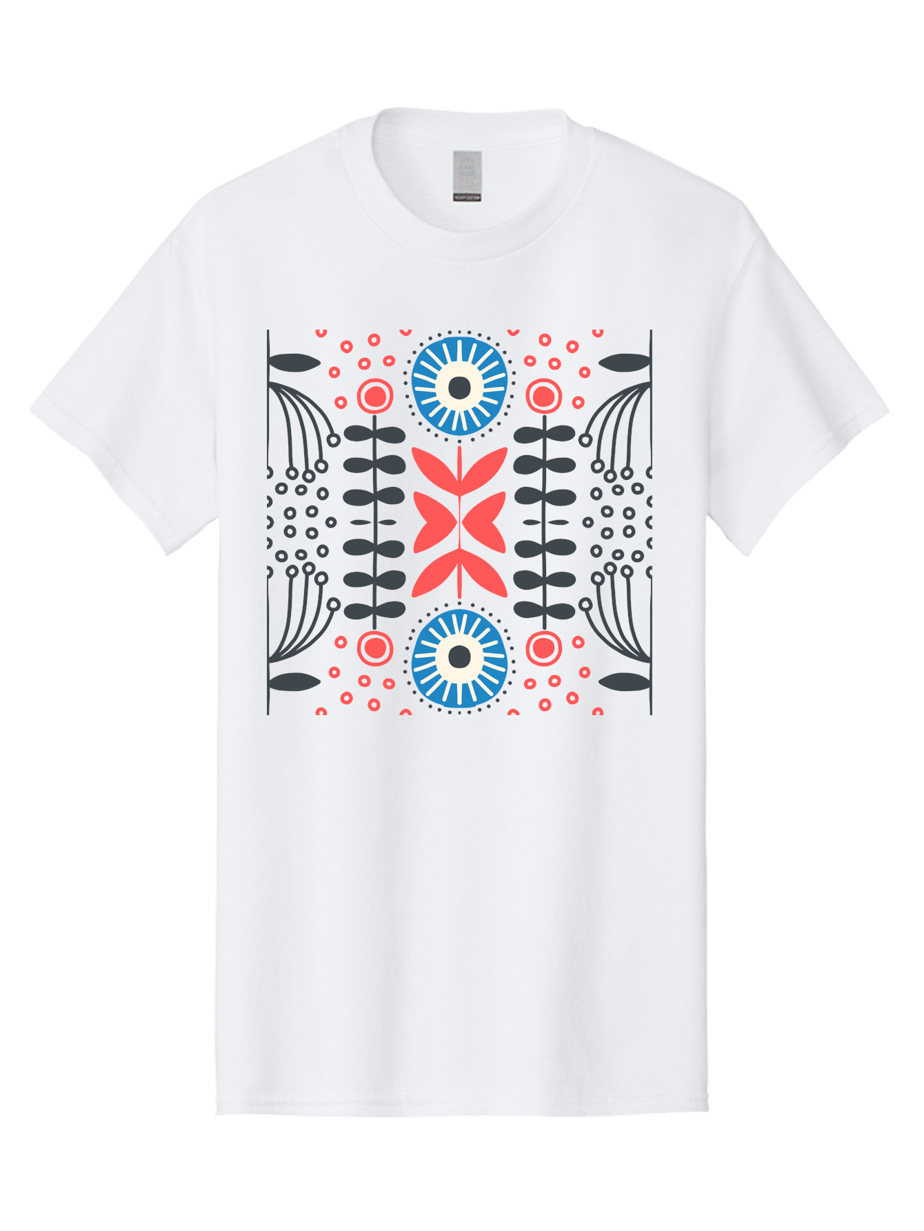 Floral-Pattern-10 Men'S Graphic Tee, 100% Cotton, Comfortable Casual Summer Wear, Machine Washable, Floral Pattern, Stylized Flowers, Symmetrical Design, Blue And Pink Flowers, Black Leaves, Geometric Shapes, Abstract Art, Vibrant Colors, Aab703 15