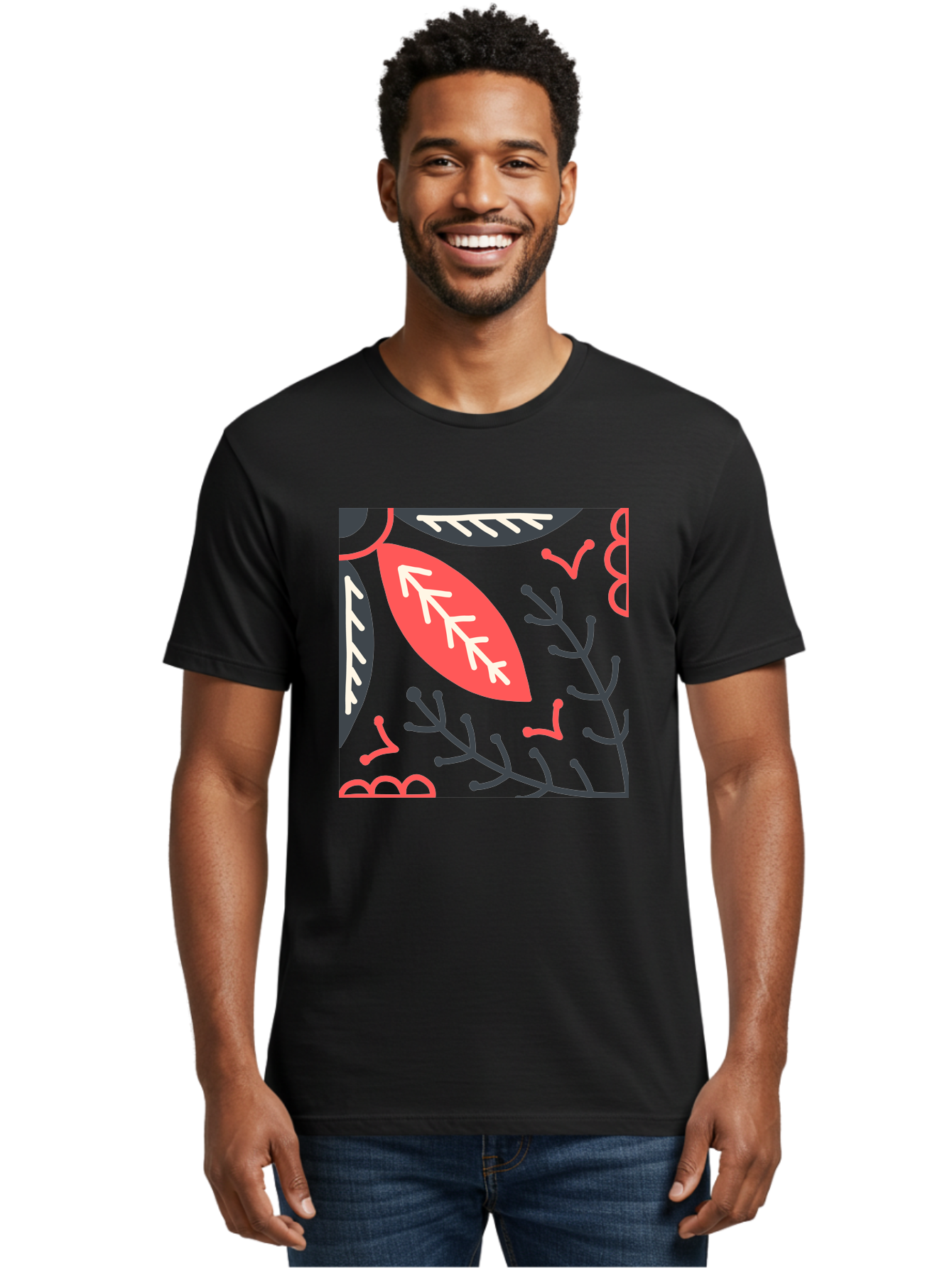 Floral-Pattern-12 Men'S Graphic Tee, 100% Cotton, Comfortable Casual Summer Wear, Machine Washable, Leaf Pattern, Floral Design, Abstract Leaves, Red And White Accents, Black Outlines, Whimsical Illustration, Botanical Art, Aab705 26