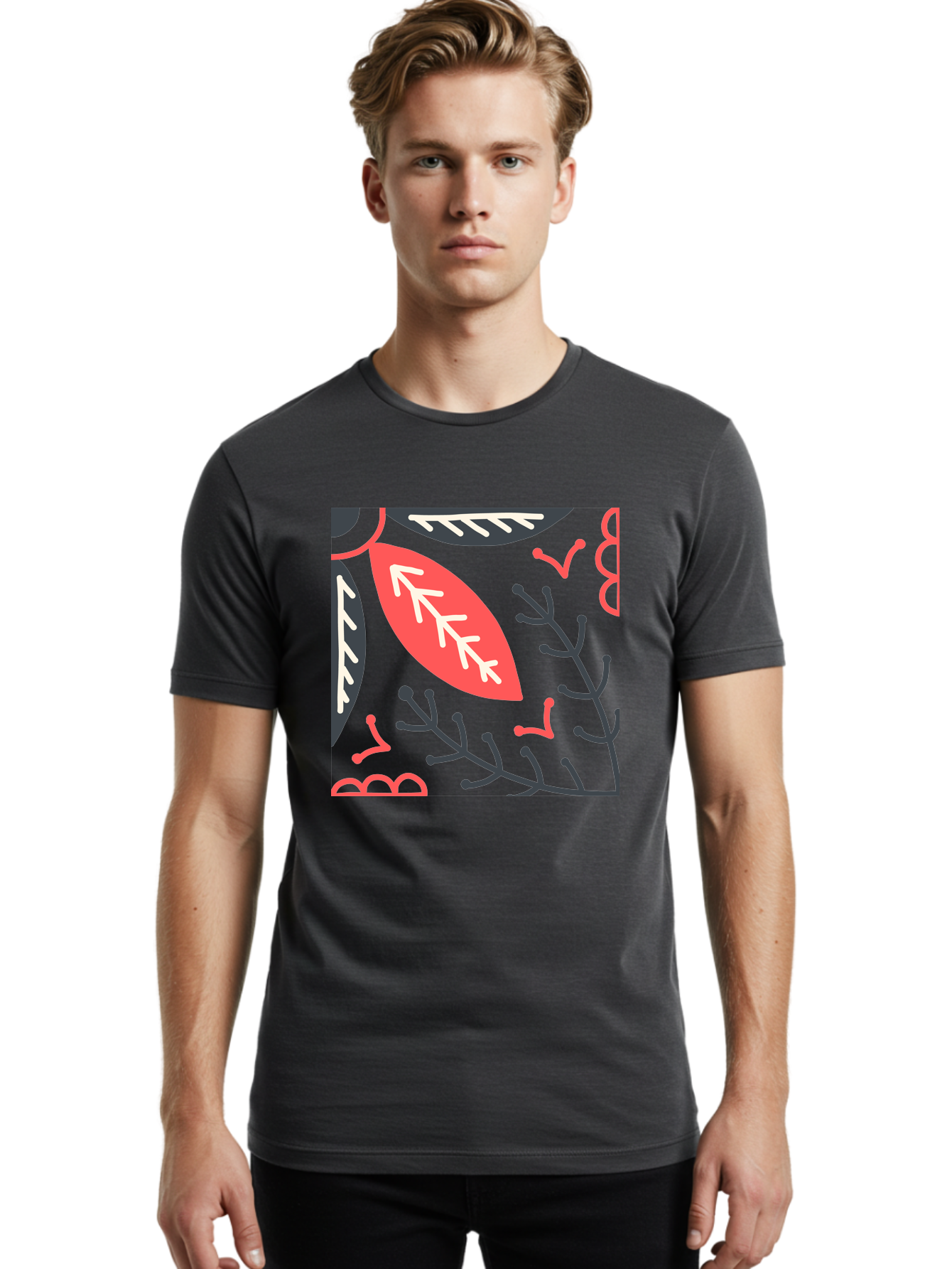Floral-Pattern-12 Men'S Graphic Tee, 100% Cotton, Comfortable Casual Summer Wear, Machine Washable, Leaf Pattern, Floral Design, Abstract Leaves, Red And White Accents, Black Outlines, Whimsical Illustration, Botanical Art, Aab705 2