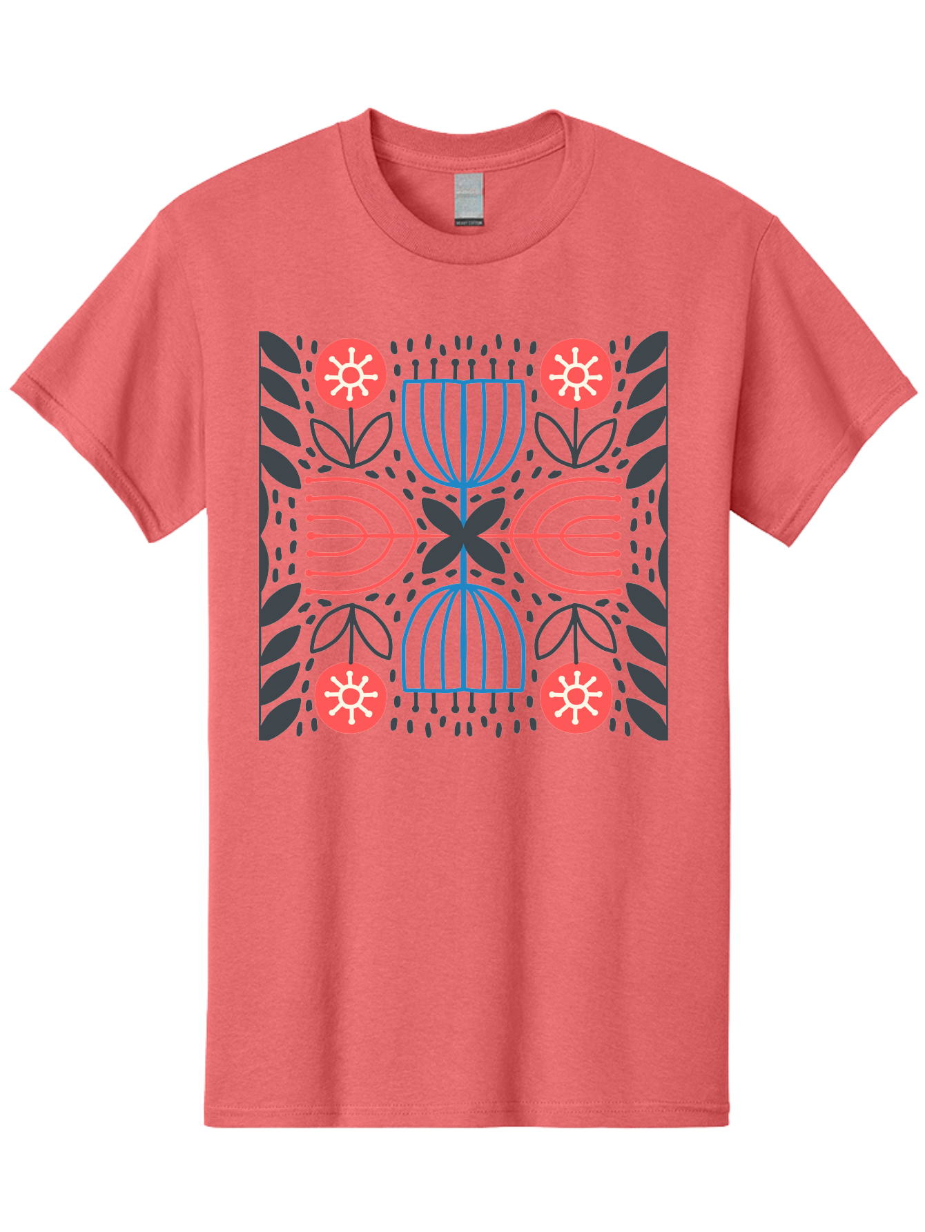 Floral-Pattern-5 Men'S Graphic Tee, 100% Cotton, Comfortable Casual Summer Wear, Machine Washable, Abstract Floral Pattern, Symmetrical Design, Red Flowers, White Centers, Blue And Pink Lines, Black Leaves, Geometric Shapes, Modern Art, Aab715 27