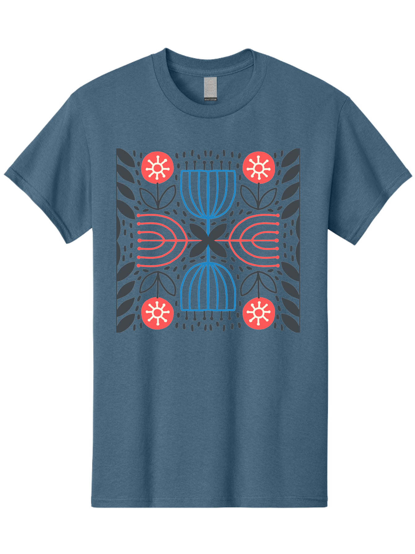 Floral-Pattern-5 Men'S Graphic Tee, 100% Cotton, Comfortable Casual Summer Wear, Machine Washable, Abstract Floral Pattern, Symmetrical Design, Red Flowers, White Centers, Blue And Pink Lines, Black Leaves, Geometric Shapes, Modern Art, Aab715 29