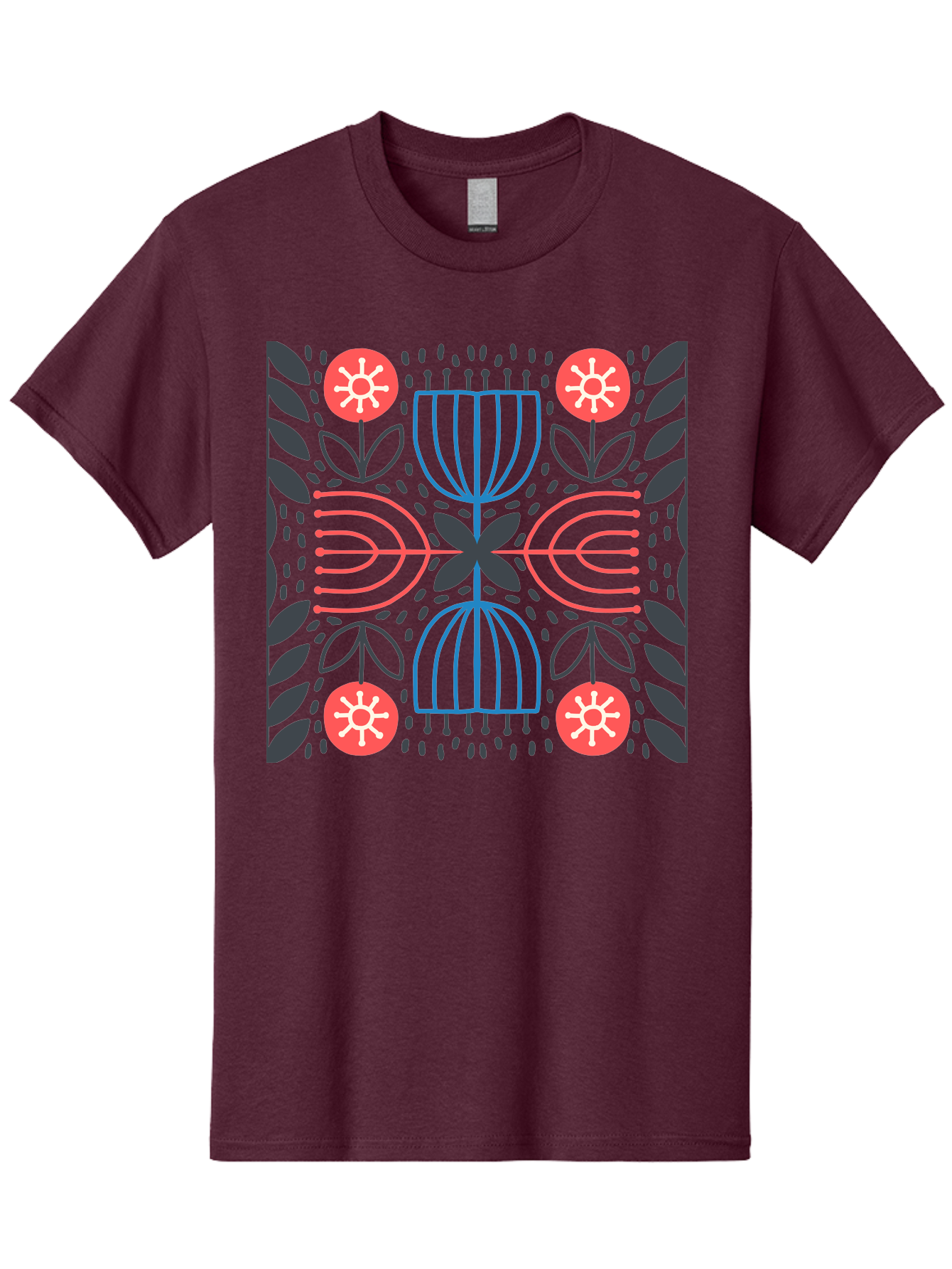 Floral-Pattern-5 Men'S Graphic Tee, 100% Cotton, Comfortable Casual Summer Wear, Machine Washable, Abstract Floral Pattern, Symmetrical Design, Red Flowers, White Centers, Blue And Pink Lines, Black Leaves, Geometric Shapes, Modern Art, Aab715 21