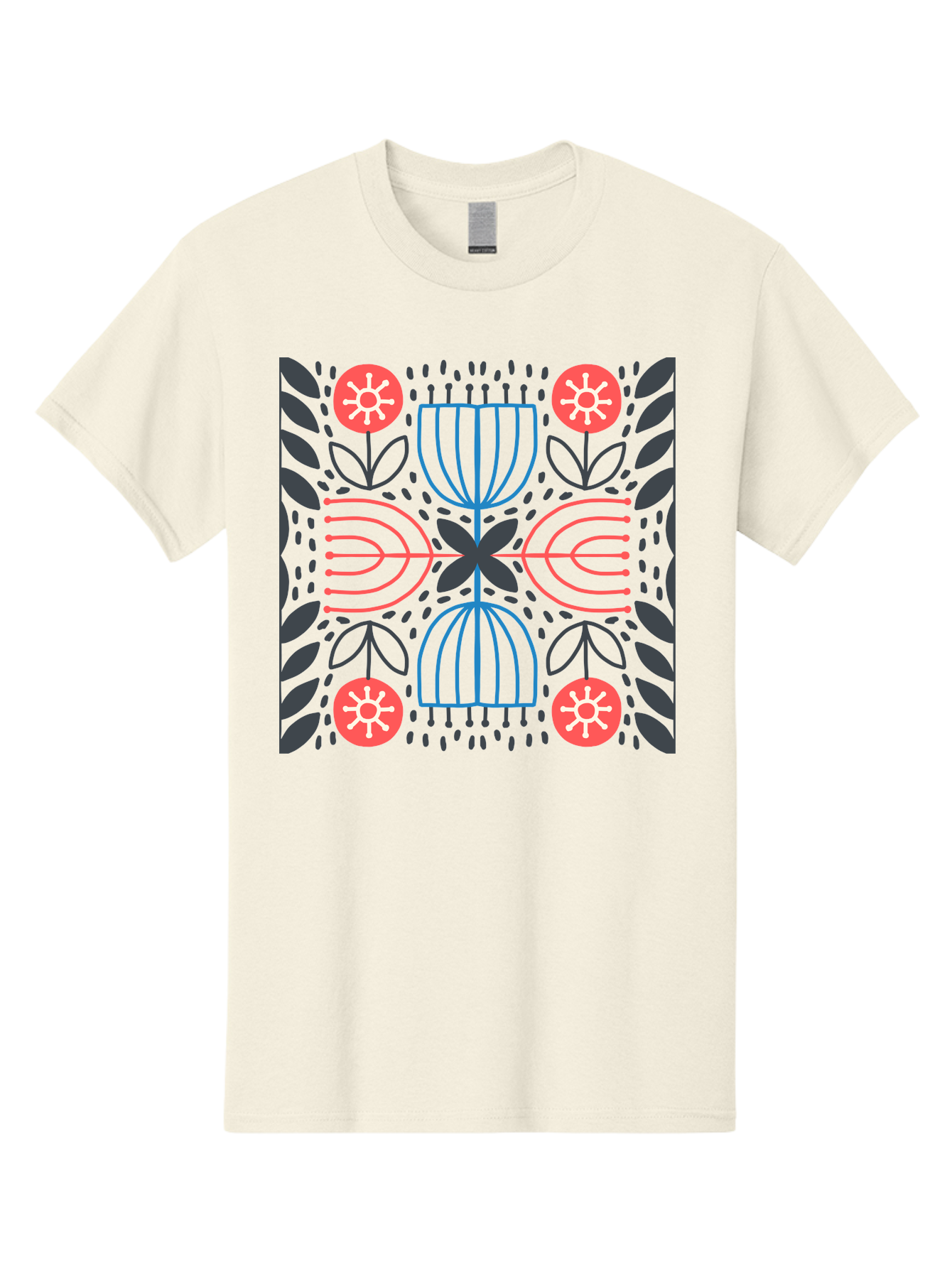Floral-Pattern-5 Men'S Graphic Tee, 100% Cotton, Comfortable Casual Summer Wear, Machine Washable, Abstract Floral Pattern, Symmetrical Design, Red Flowers, White Centers, Blue And Pink Lines, Black Leaves, Geometric Shapes, Modern Art, Aab715 17