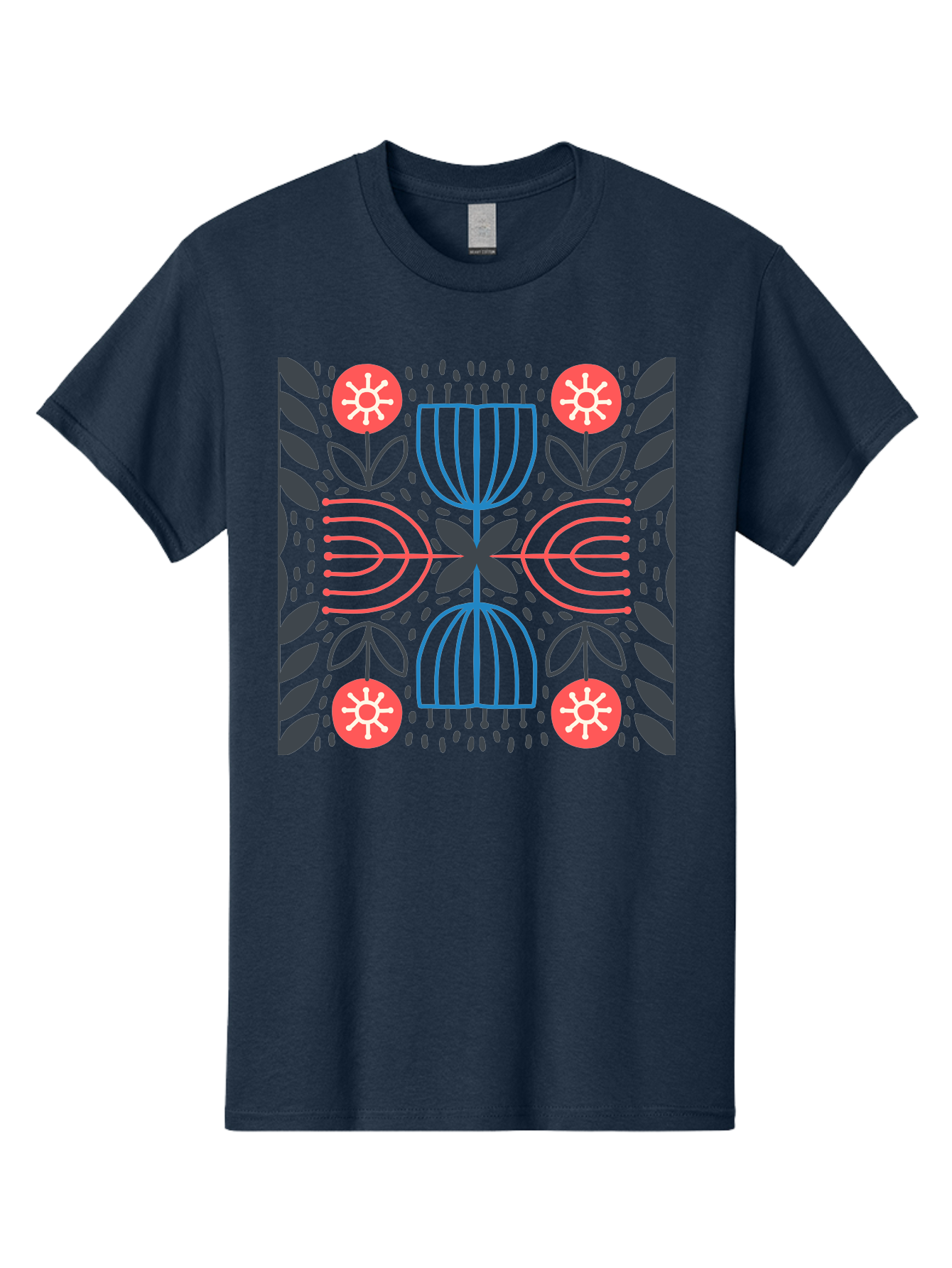 Floral-Pattern-5 Men'S Graphic Tee, 100% Cotton, Comfortable Casual Summer Wear, Machine Washable, Abstract Floral Pattern, Symmetrical Design, Red Flowers, White Centers, Blue And Pink Lines, Black Leaves, Geometric Shapes, Modern Art, Aab715 19