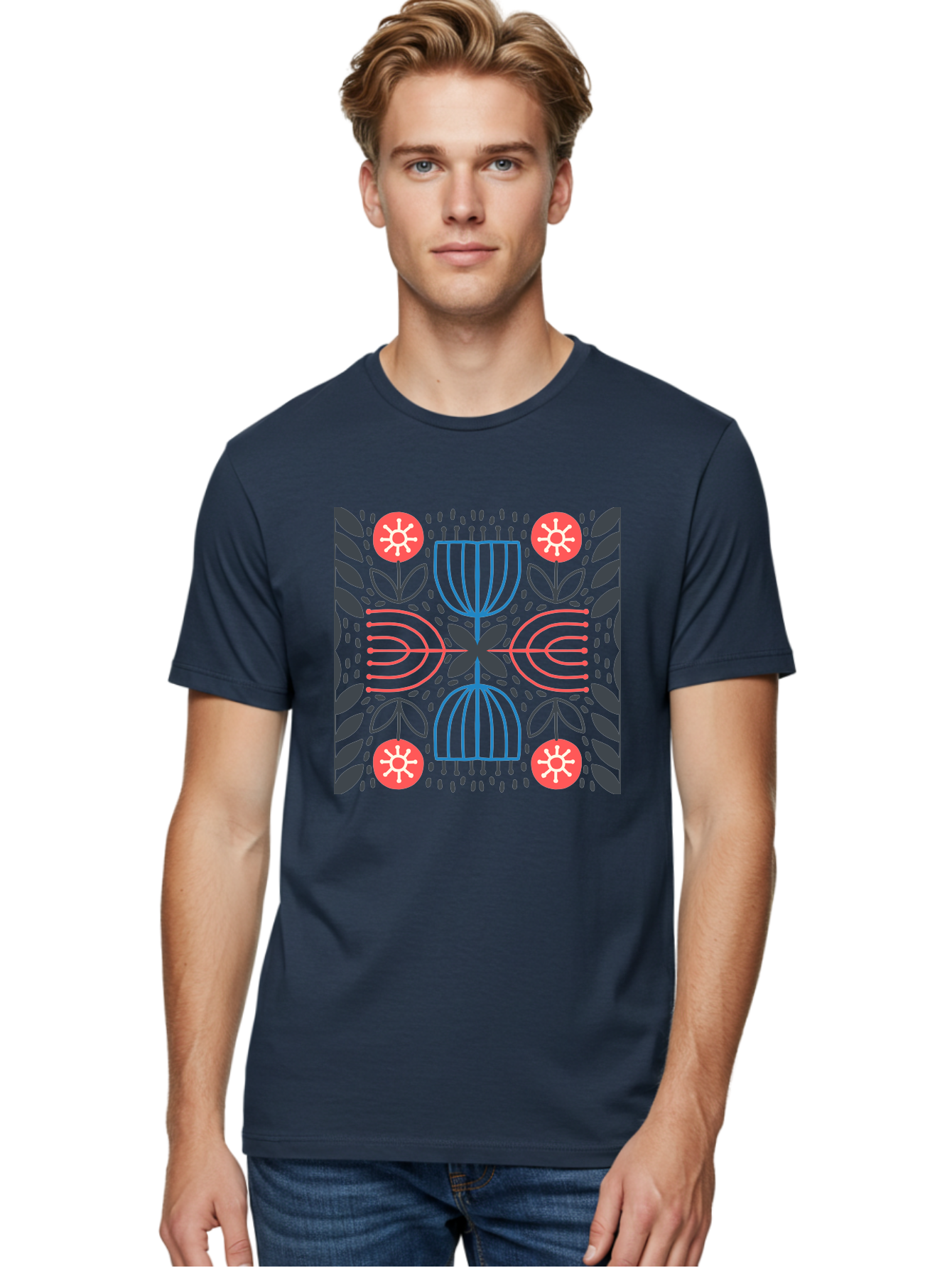 Floral-Pattern-5 Men'S Graphic Tee, 100% Cotton, Comfortable Casual Summer Wear, Machine Washable, Abstract Floral Pattern, Symmetrical Design, Red Flowers, White Centers, Blue And Pink Lines, Black Leaves, Geometric Shapes, Modern Art, Aab715 20
