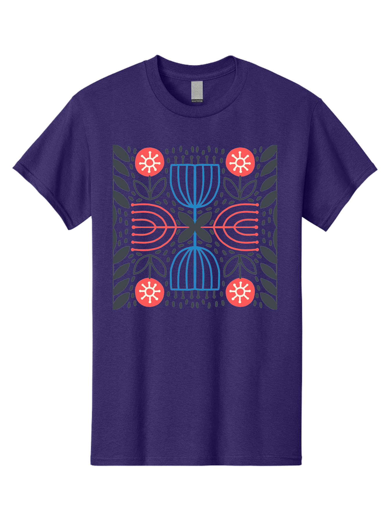 Floral-Pattern-5 Men'S Graphic Tee, 100% Cotton, Comfortable Casual Summer Wear, Machine Washable, Abstract Floral Pattern, Symmetrical Design, Red Flowers, White Centers, Blue And Pink Lines, Black Leaves, Geometric Shapes, Modern Art, Aab715 11