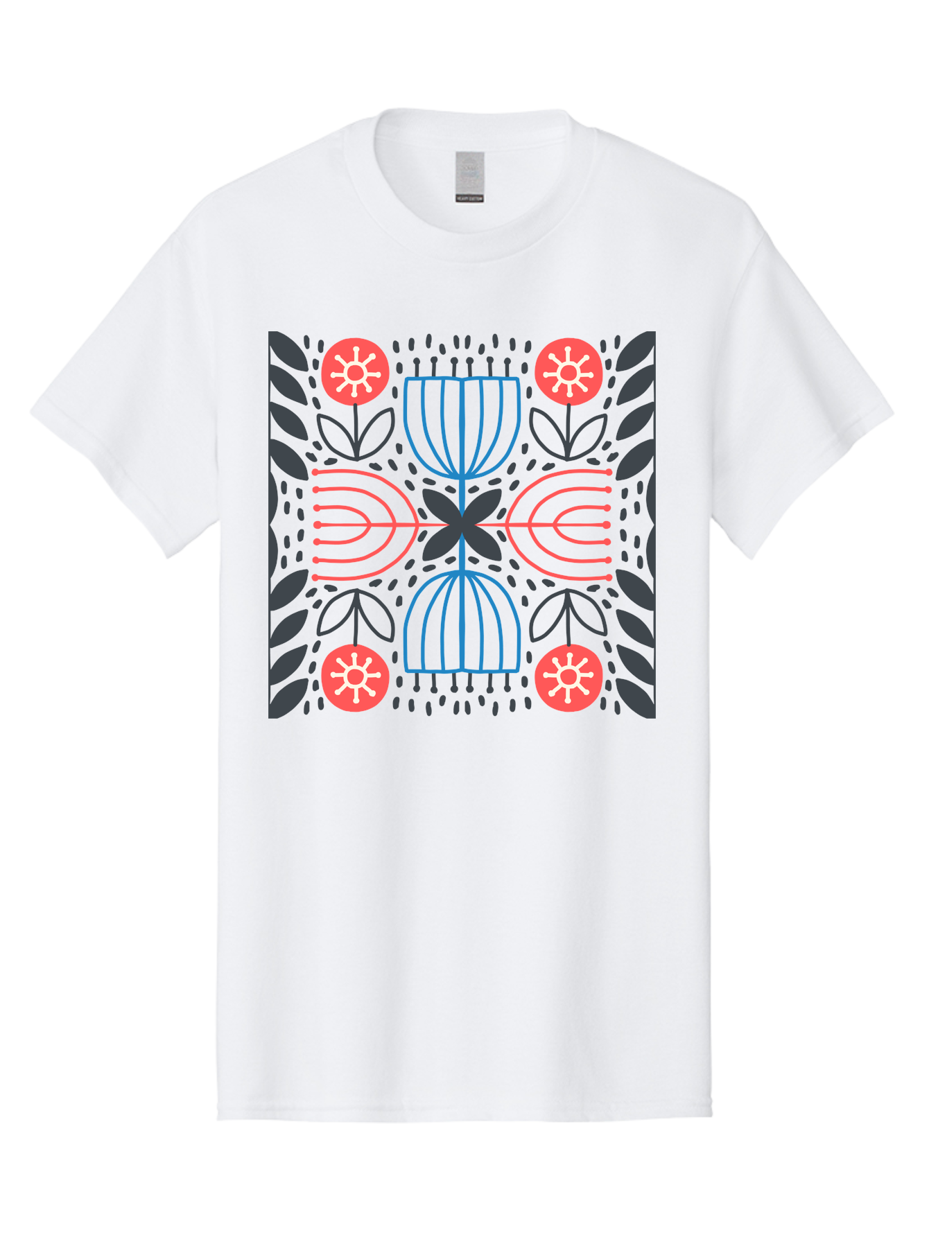 Floral-Pattern-5 Men'S Graphic Tee, 100% Cotton, Comfortable Casual Summer Wear, Machine Washable, Abstract Floral Pattern, Symmetrical Design, Red Flowers, White Centers, Blue And Pink Lines, Black Leaves, Geometric Shapes, Modern Art, Aab715 1