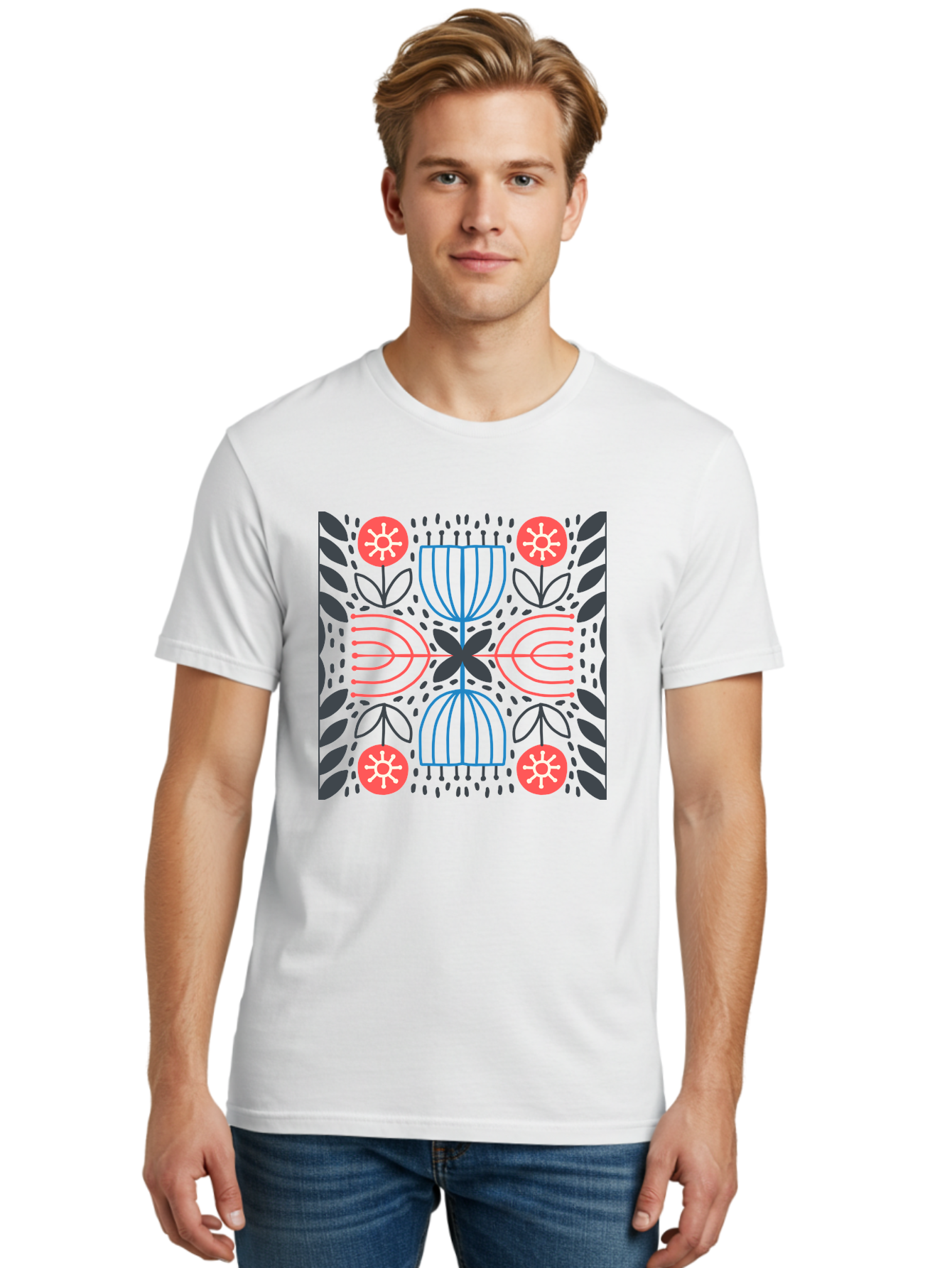 Floral-Pattern-5 Men'S Graphic Tee, 100% Cotton, Comfortable Casual Summer Wear, Machine Washable, Abstract Floral Pattern, Symmetrical Design, Red Flowers, White Centers, Blue And Pink Lines, Black Leaves, Geometric Shapes, Modern Art, Aab715 2
