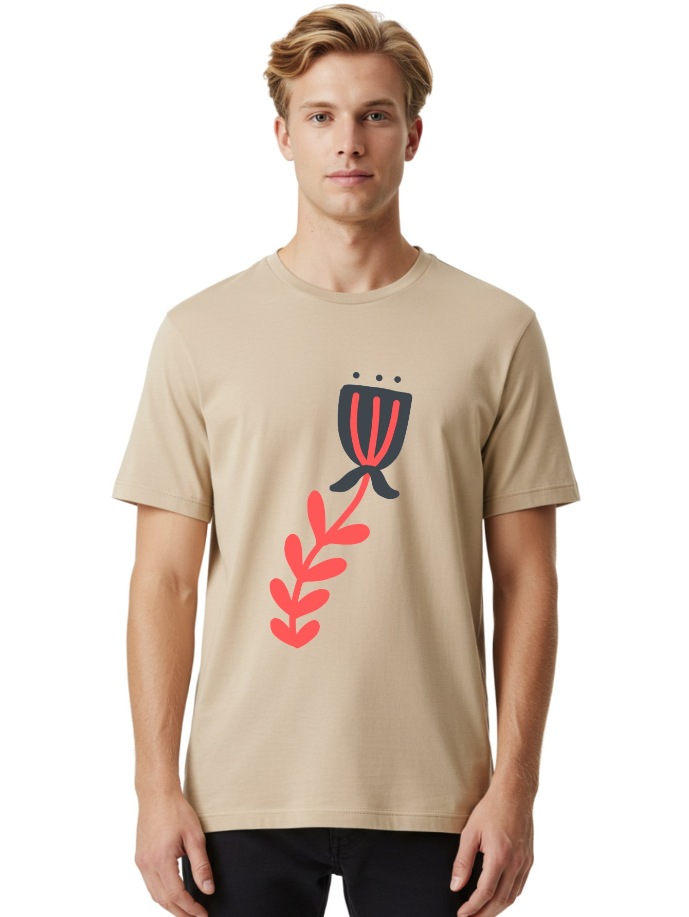 Flower-4 Men'S Graphic Tee, 100% Cotton, Comfortable Casual Summer Wear, Machine Washable, Stylized Tulip, Simple Design, Minimalist Art, Pink And Black, Floral Theme, Abstract Flower Aab724 22
