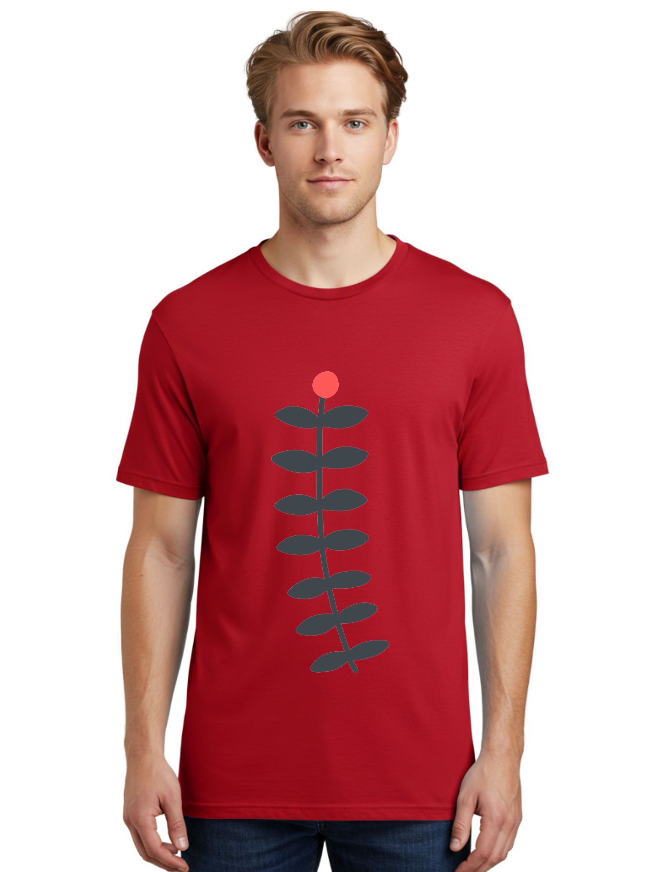 Flower-5 Men'S Graphic Tee, 100% Cotton, Comfortable Casual Summer Wear, Machine Washable, Simple Flower Illustration, Red Bloom, Dark Green Leaves, Minimalist Design, Botanical Art, Floral Graphic Aab725 2