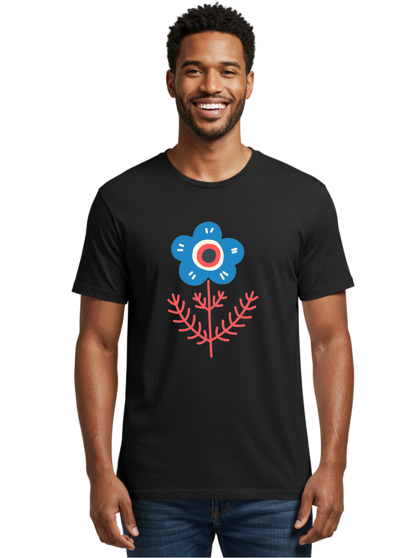 Flower-7 Men'S Graphic Tee, 100% Cotton, Comfortable Casual Summer Wear, Machine Washable, Stylized Flower, Blue Petals, Red And White Center, Pink Leaves, Simple Design, Modern Art, Minimalist Aesthetic, Floral Motif, Abstract Representation Aab727 20