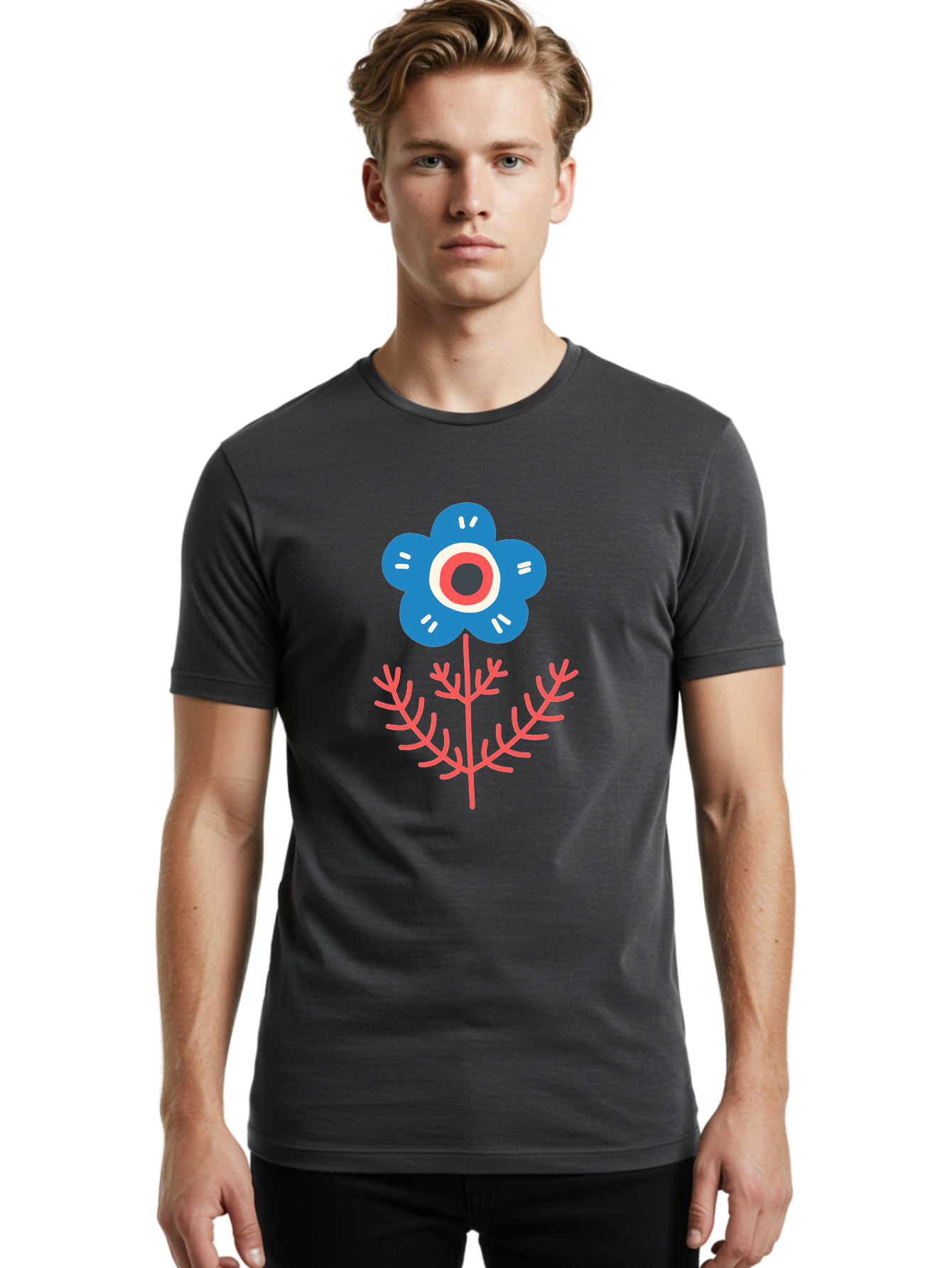 Flower-7 Men'S Graphic Tee, 100% Cotton, Comfortable Casual Summer Wear, Machine Washable, Stylized Flower, Blue Petals, Red And White Center, Pink Leaves, Simple Design, Modern Art, Minimalist Aesthetic, Floral Motif, Abstract Representation Aab727 26