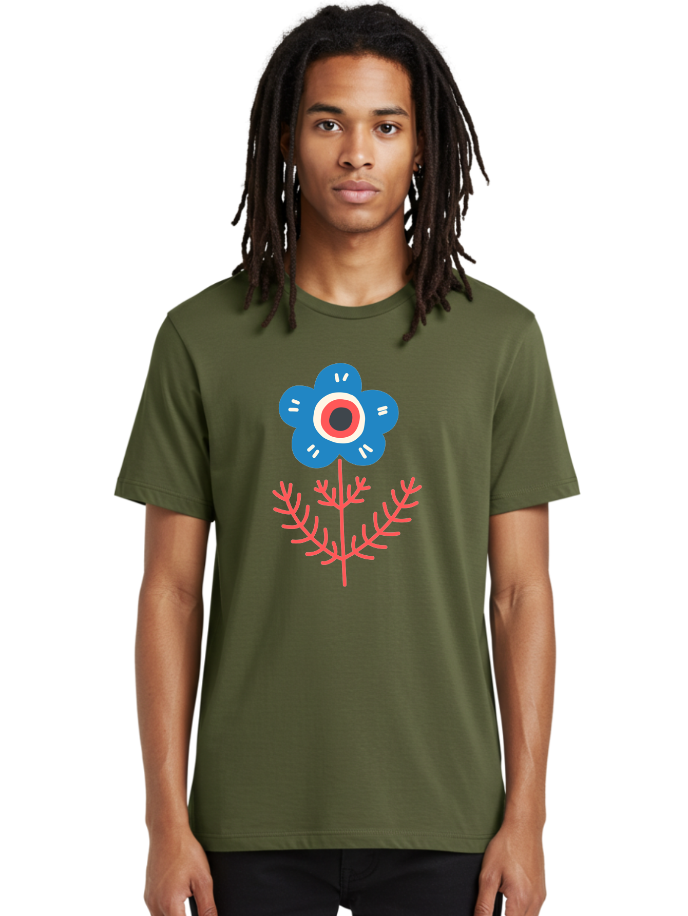 Flower-7 Men'S Graphic Tee, 100% Cotton, Comfortable Casual Summer Wear, Machine Washable, Stylized Flower, Blue Petals, Red And White Center, Pink Leaves, Simple Design, Modern Art, Minimalist Aesthetic, Floral Motif, Abstract Representation Aab727 6
