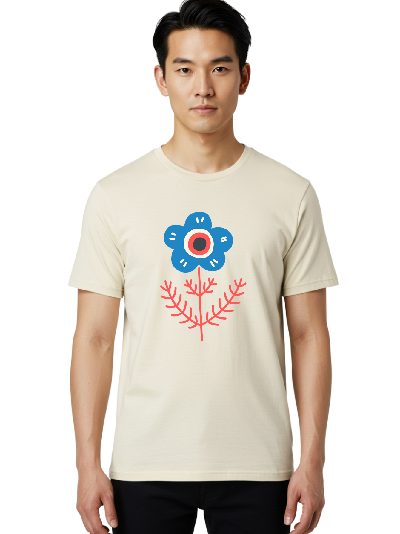 Flower-7 Men'S Graphic Tee, 100% Cotton, Comfortable Casual Summer Wear, Machine Washable, Stylized Flower, Blue Petals, Red And White Center, Pink Leaves, Simple Design, Modern Art, Minimalist Aesthetic, Floral Motif, Abstract Representation Aab727 18