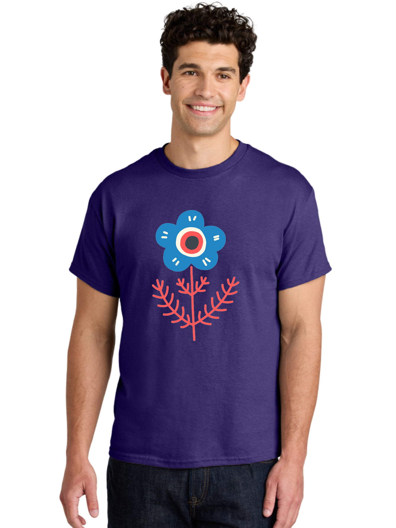 Flower-7 Men'S Graphic Tee, 100% Cotton, Comfortable Casual Summer Wear, Machine Washable, Stylized Flower, Blue Petals, Red And White Center, Pink Leaves, Simple Design, Modern Art, Minimalist Aesthetic, Floral Motif, Abstract Representation Aab727 2