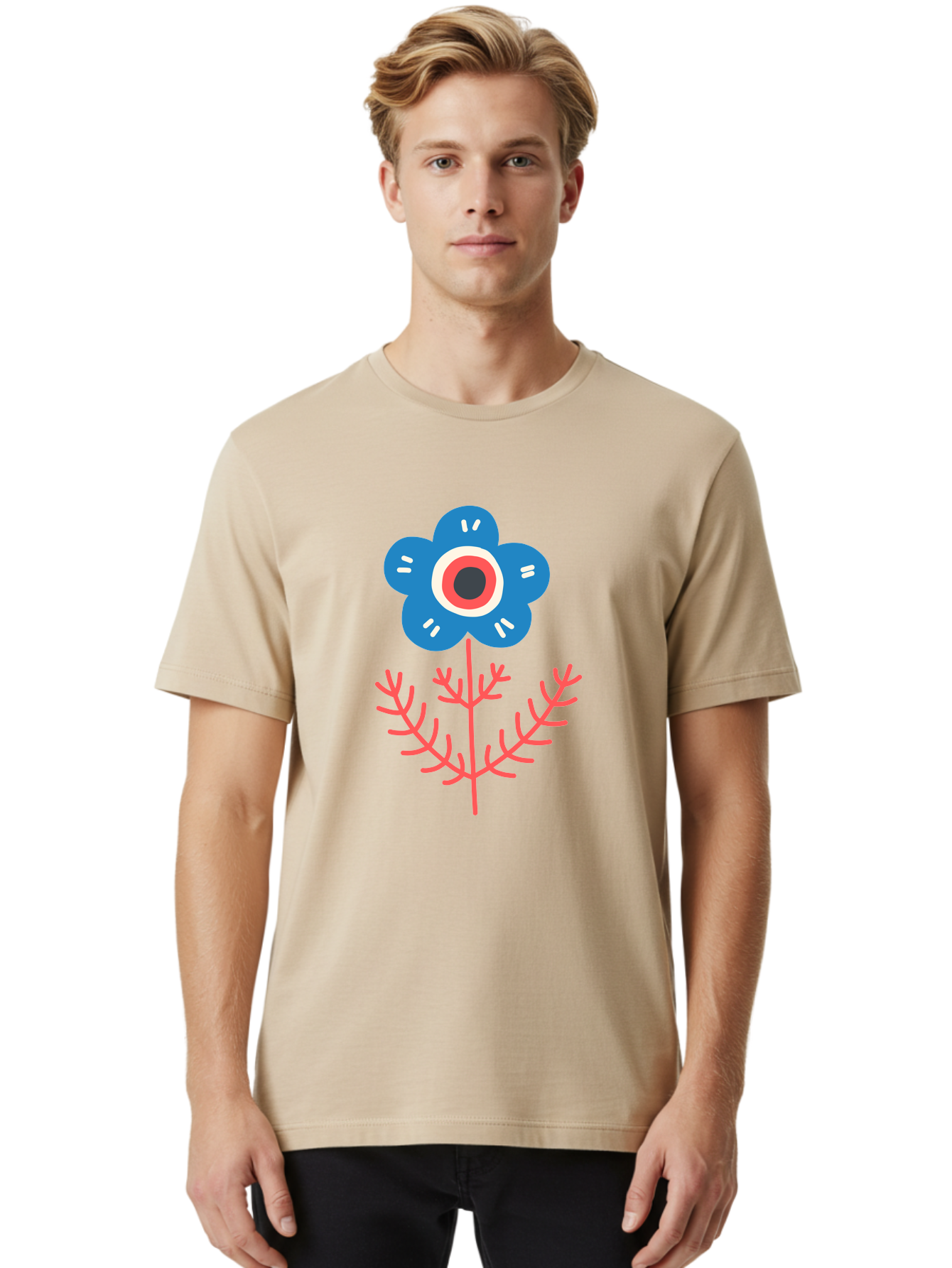 Flower-7 Men'S Graphic Tee, 100% Cotton, Comfortable Casual Summer Wear, Machine Washable, Stylized Flower, Blue Petals, Red And White Center, Pink Leaves, Simple Design, Modern Art, Minimalist Aesthetic, Floral Motif, Abstract Representation Aab727 22