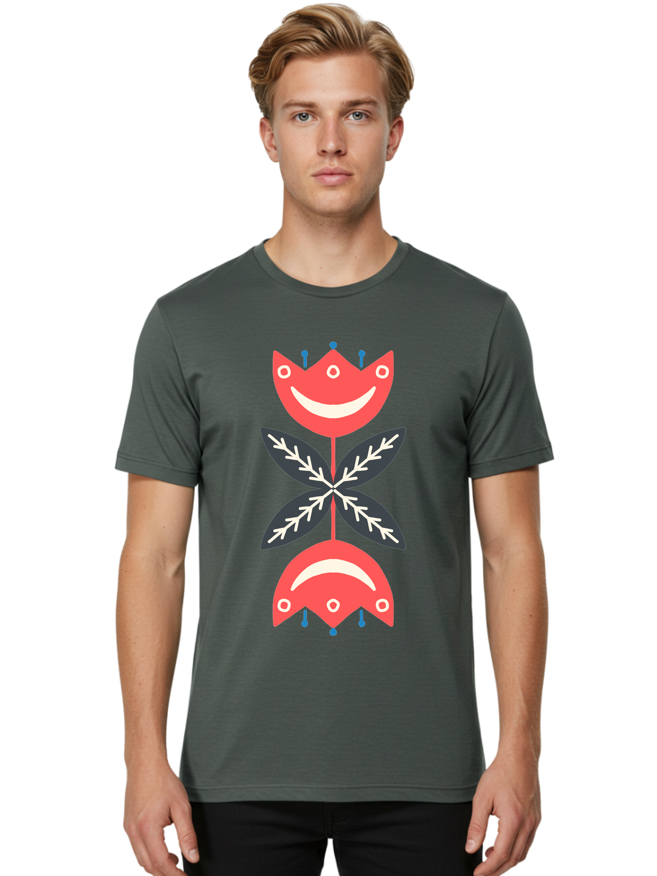 Flower-Face Men'S Graphic Tee, 100% Cotton, Comfortable Casual Summer Wear, Machine Washable, Red Smiley Faces, Playful Flowers, Cartoon Characters, Happy Emotions, Floral Designs, Whimsical Art, Cute Illustrations Aab729 8