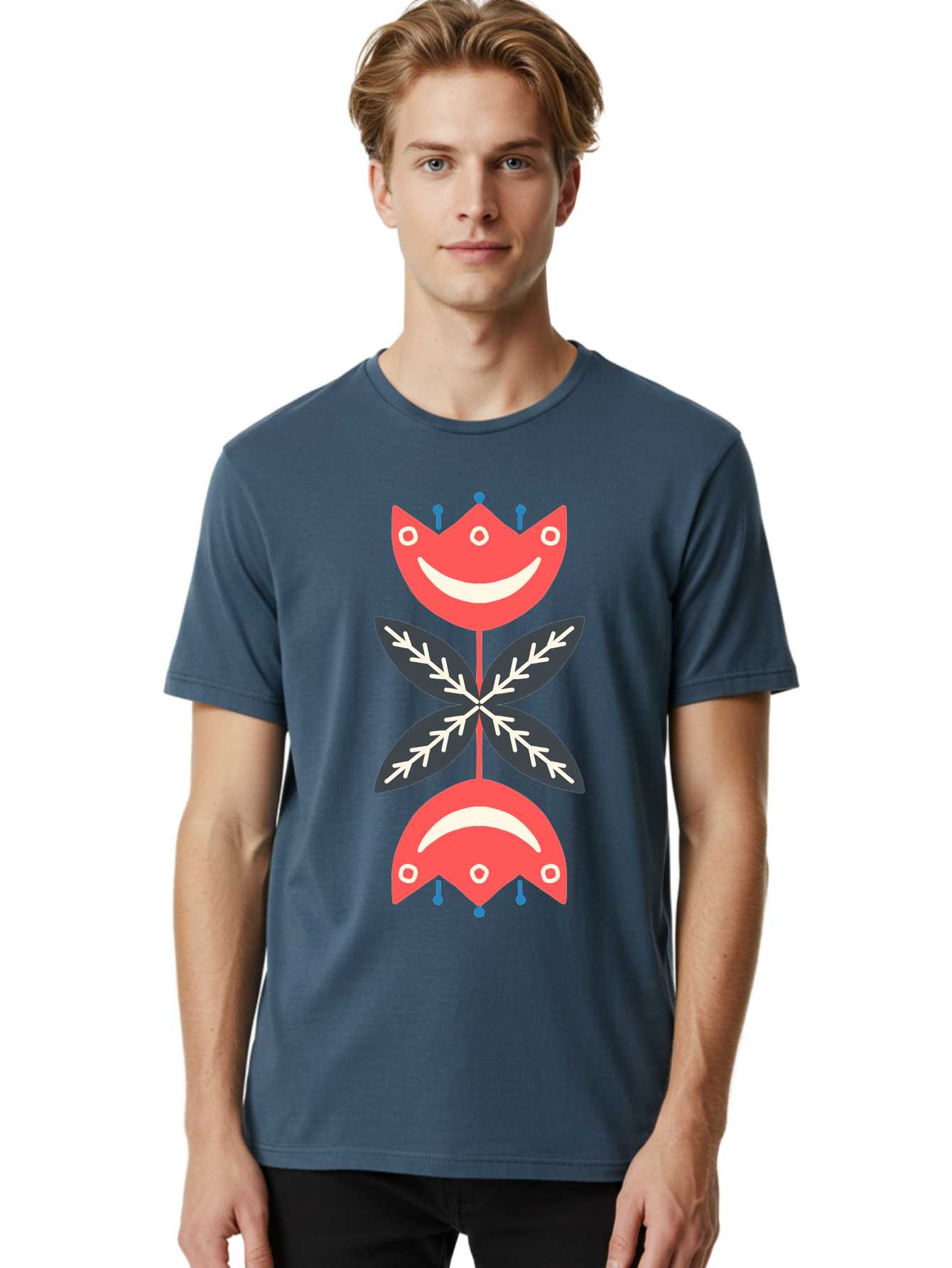 Flower-Face Men'S Graphic Tee, 100% Cotton, Comfortable Casual Summer Wear, Machine Washable, Red Smiley Faces, Playful Flowers, Cartoon Characters, Happy Emotions, Floral Designs, Whimsical Art, Cute Illustrations Aab729 28