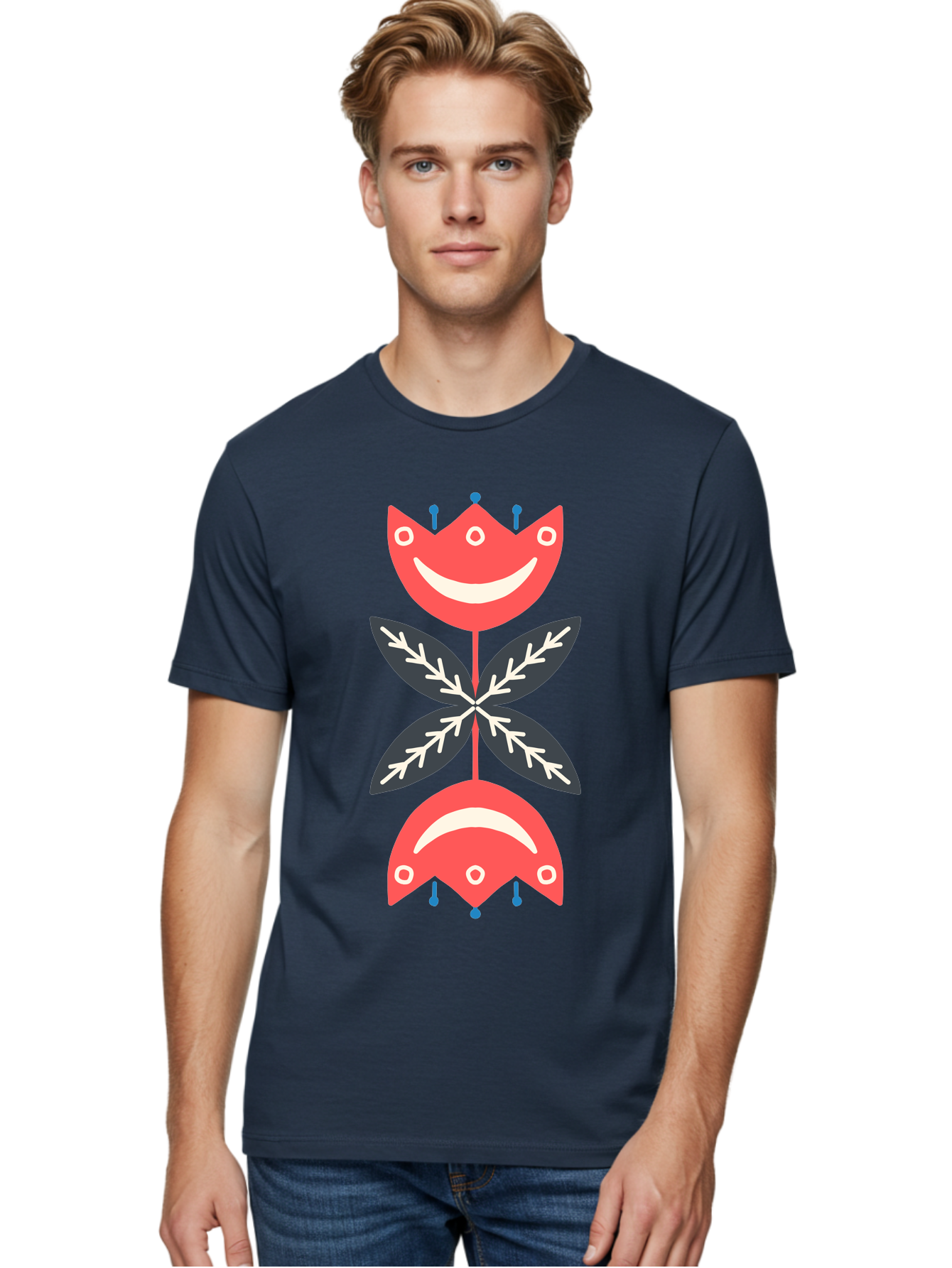 Flower-Face Men'S Graphic Tee, 100% Cotton, Comfortable Casual Summer Wear, Machine Washable, Red Smiley Faces, Playful Flowers, Cartoon Characters, Happy Emotions, Floral Designs, Whimsical Art, Cute Illustrations Aab729 2