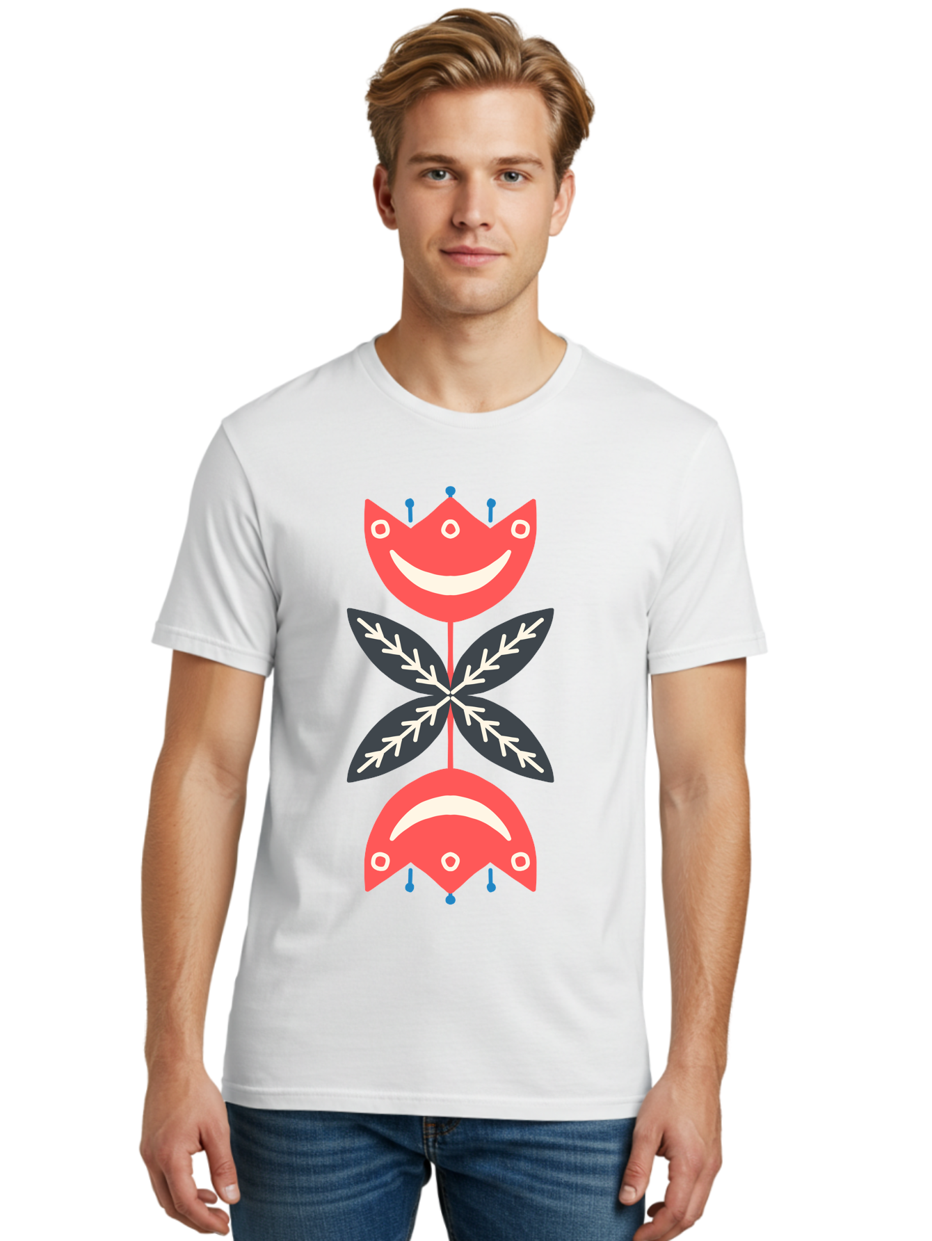 Flower-Face Men'S Graphic Tee, 100% Cotton, Comfortable Casual Summer Wear, Machine Washable, Red Smiley Faces, Playful Flowers, Cartoon Characters, Happy Emotions, Floral Designs, Whimsical Art, Cute Illustrations Aab729 22