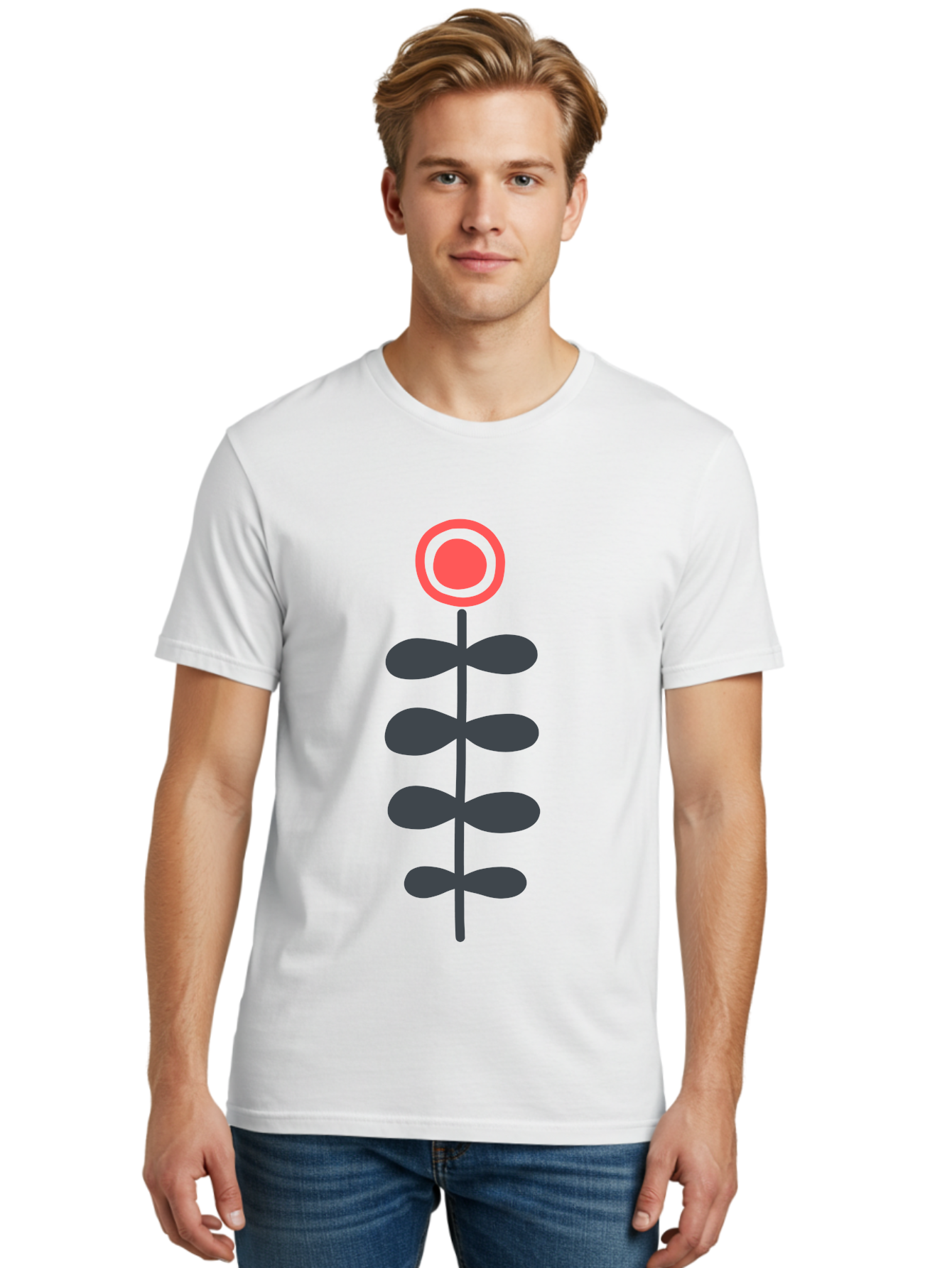 Flower-Icon-1 Men'S Graphic Tee, 100% Cotton, Comfortable Casual Summer Wear, Machine Washable, Simple Flower Graphic, Floral Design, Minimalist Art, Stem With Leaves, Red Flower Head, Graphic Illustration, Modern Botanical Aab731 22