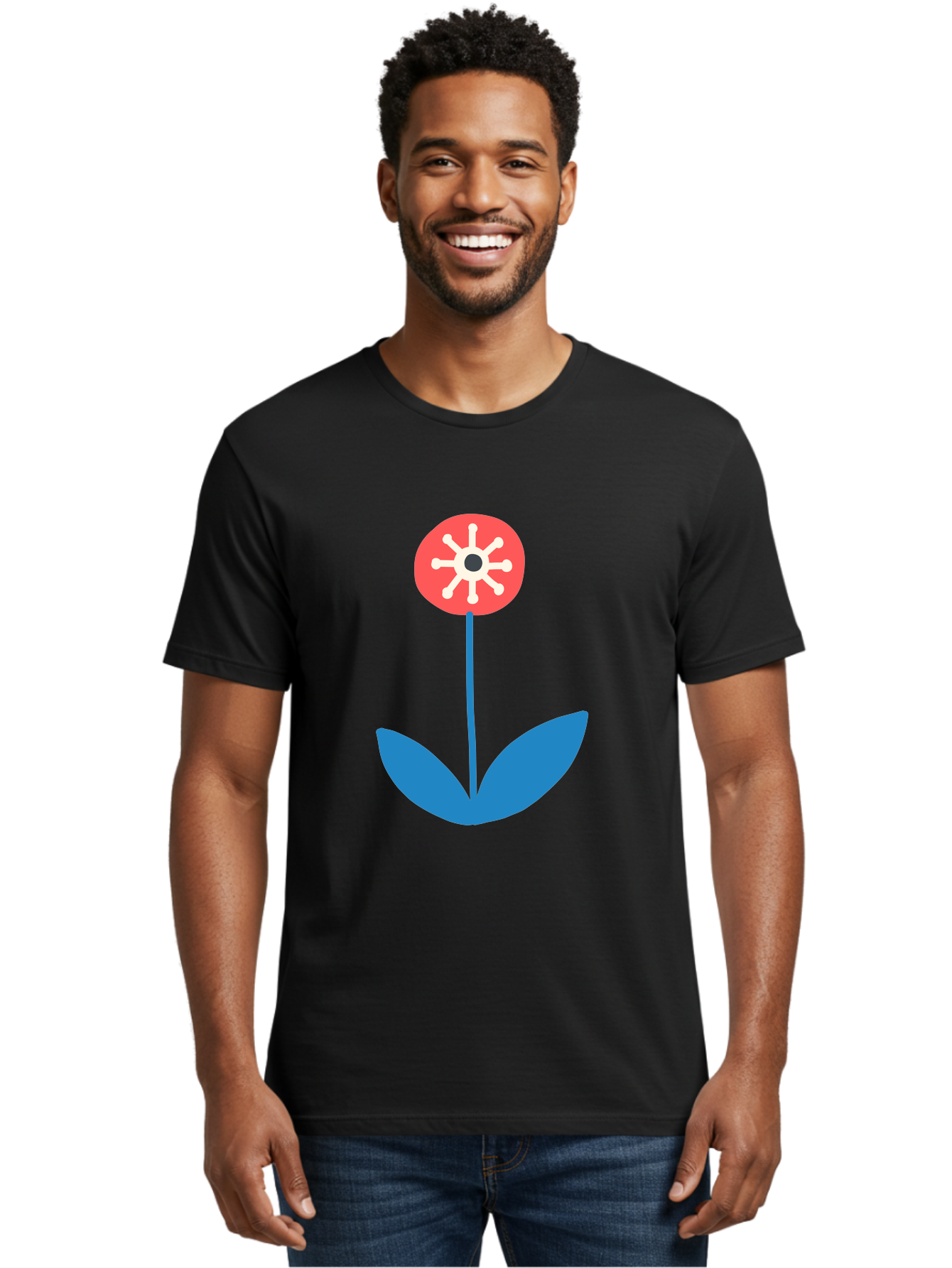 Flower-Icon Men'S Graphic Tee, 100% Cotton, Comfortable Casual Summer Wear, Machine Washable, Simple Flower, Minimalist Design, Red And White Petals, Blue Leaves, Floral Illustration, Modern Art, Digital Graphics, Stylized Bloom Aab732 24