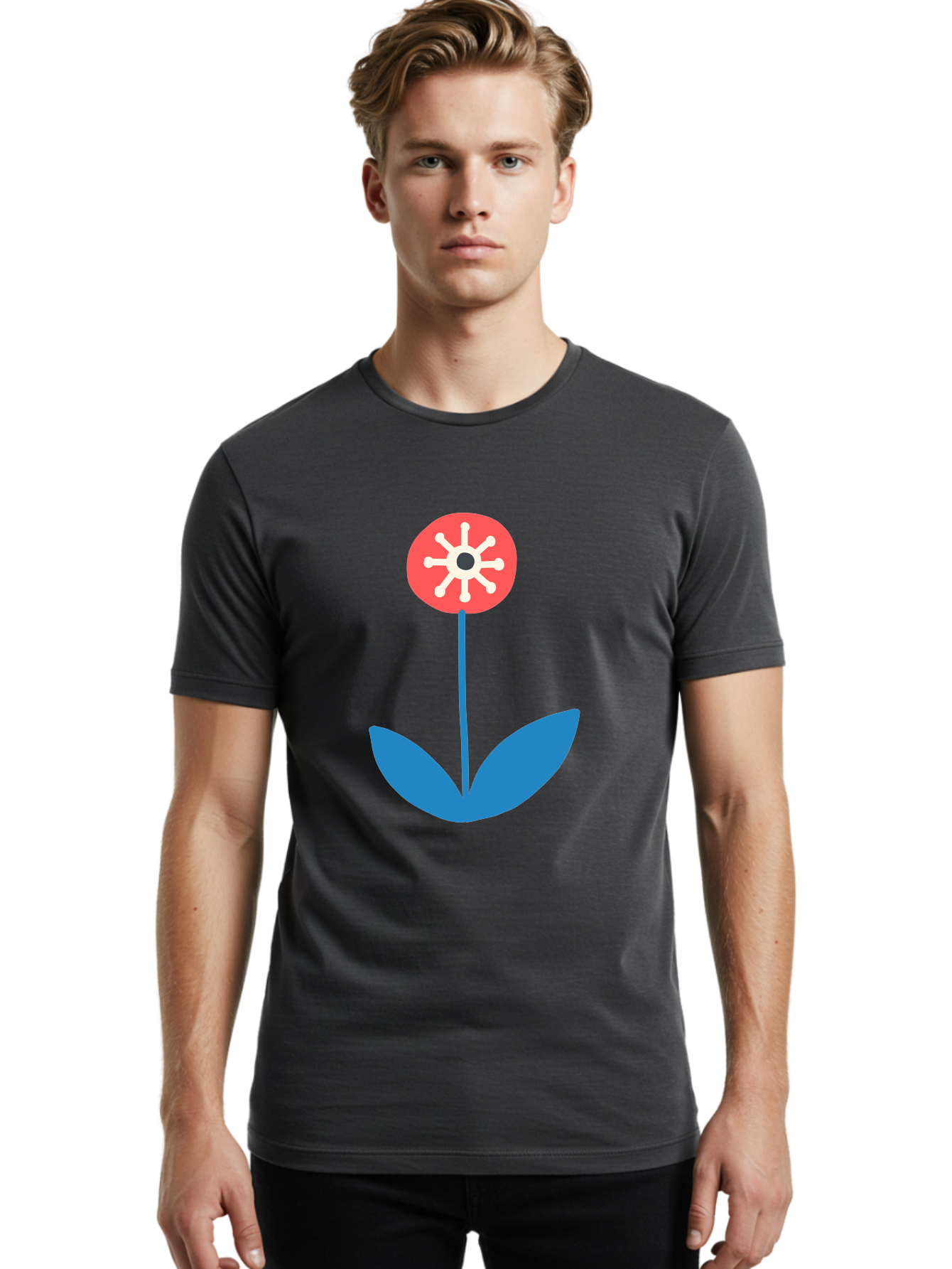 Flower-Icon Men'S Graphic Tee, 100% Cotton, Comfortable Casual Summer Wear, Machine Washable, Simple Flower, Minimalist Design, Red And White Petals, Blue Leaves, Floral Illustration, Modern Art, Digital Graphics, Stylized Bloom Aab732 2