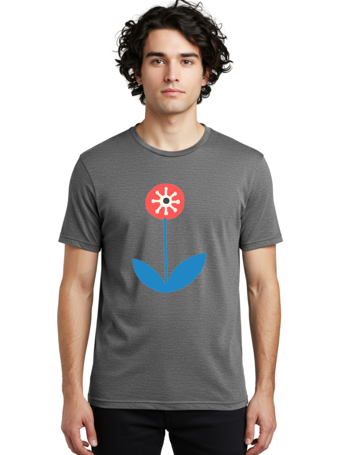 Flower-Icon Men'S Graphic Tee, 100% Cotton, Comfortable Casual Summer Wear, Machine Washable, Simple Flower, Minimalist Design, Red And White Petals, Blue Leaves, Floral Illustration, Modern Art, Digital Graphics, Stylized Bloom Aab732 28