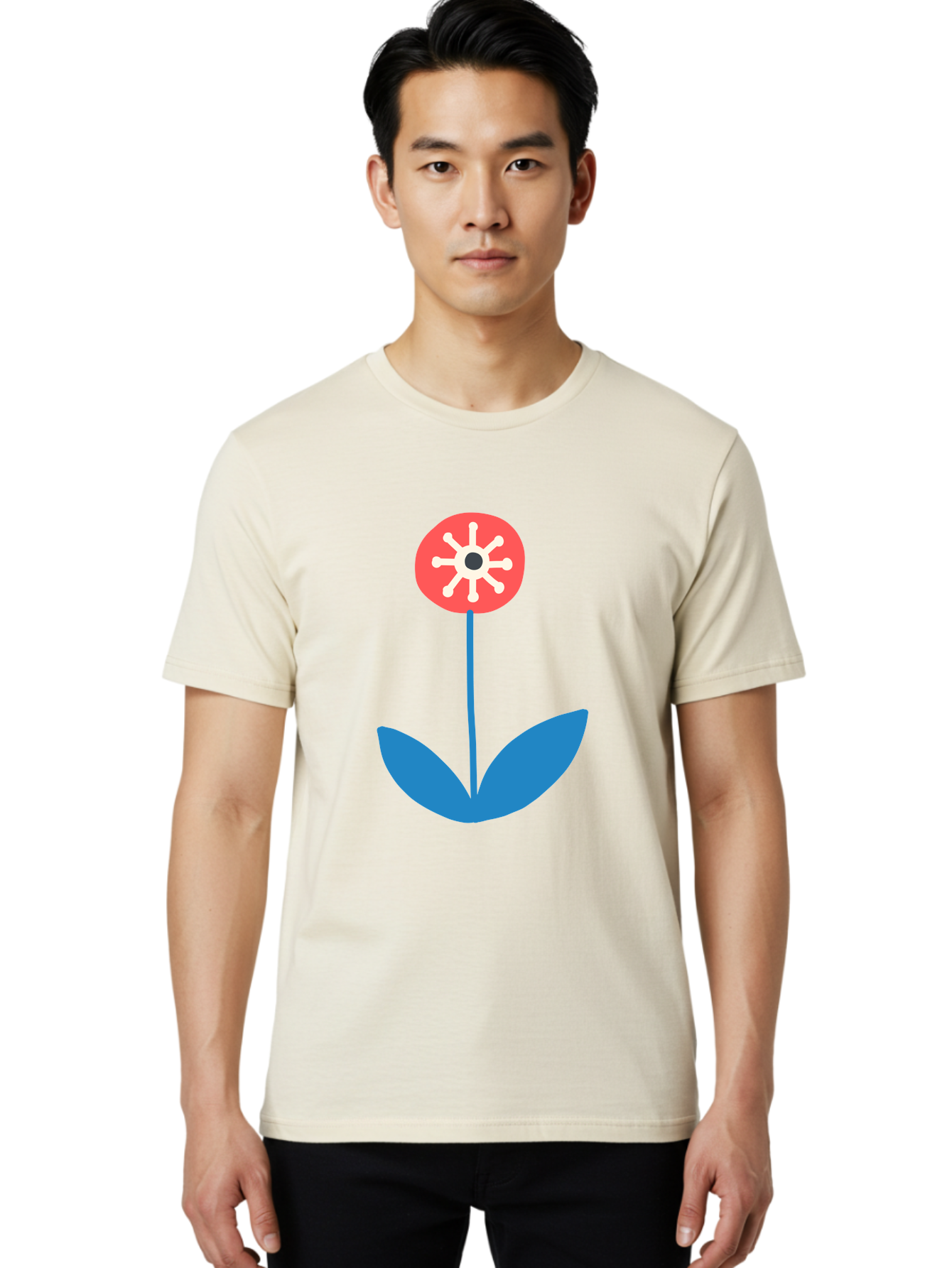 Flower-Icon Men'S Graphic Tee, 100% Cotton, Comfortable Casual Summer Wear, Machine Washable, Simple Flower, Minimalist Design, Red And White Petals, Blue Leaves, Floral Illustration, Modern Art, Digital Graphics, Stylized Bloom Aab732 26