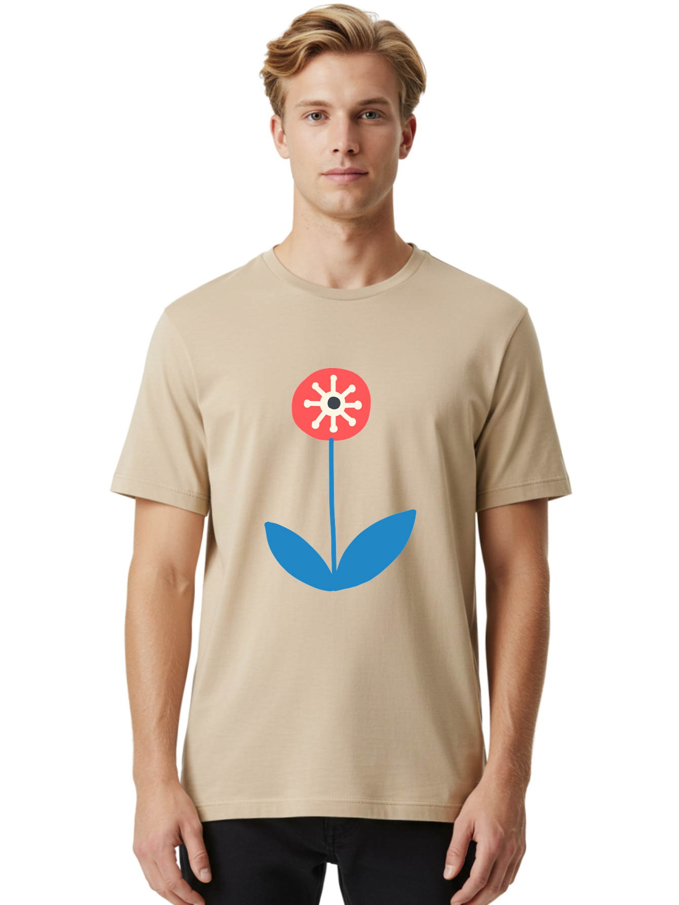 Flower-Icon Men'S Graphic Tee, 100% Cotton, Comfortable Casual Summer Wear, Machine Washable, Simple Flower, Minimalist Design, Red And White Petals, Blue Leaves, Floral Illustration, Modern Art, Digital Graphics, Stylized Bloom Aab732 10