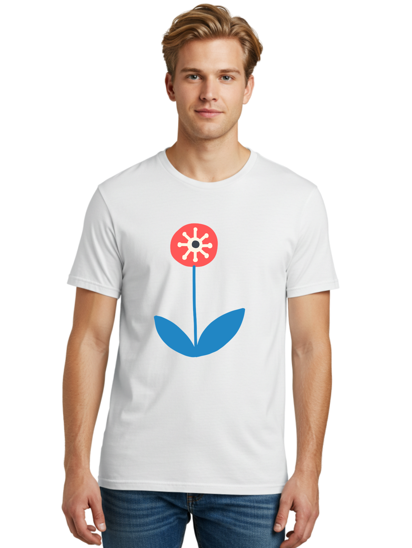 Flower-Icon Men'S Graphic Tee, 100% Cotton, Comfortable Casual Summer Wear, Machine Washable, Simple Flower, Minimalist Design, Red And White Petals, Blue Leaves, Floral Illustration, Modern Art, Digital Graphics, Stylized Bloom Aab732 20