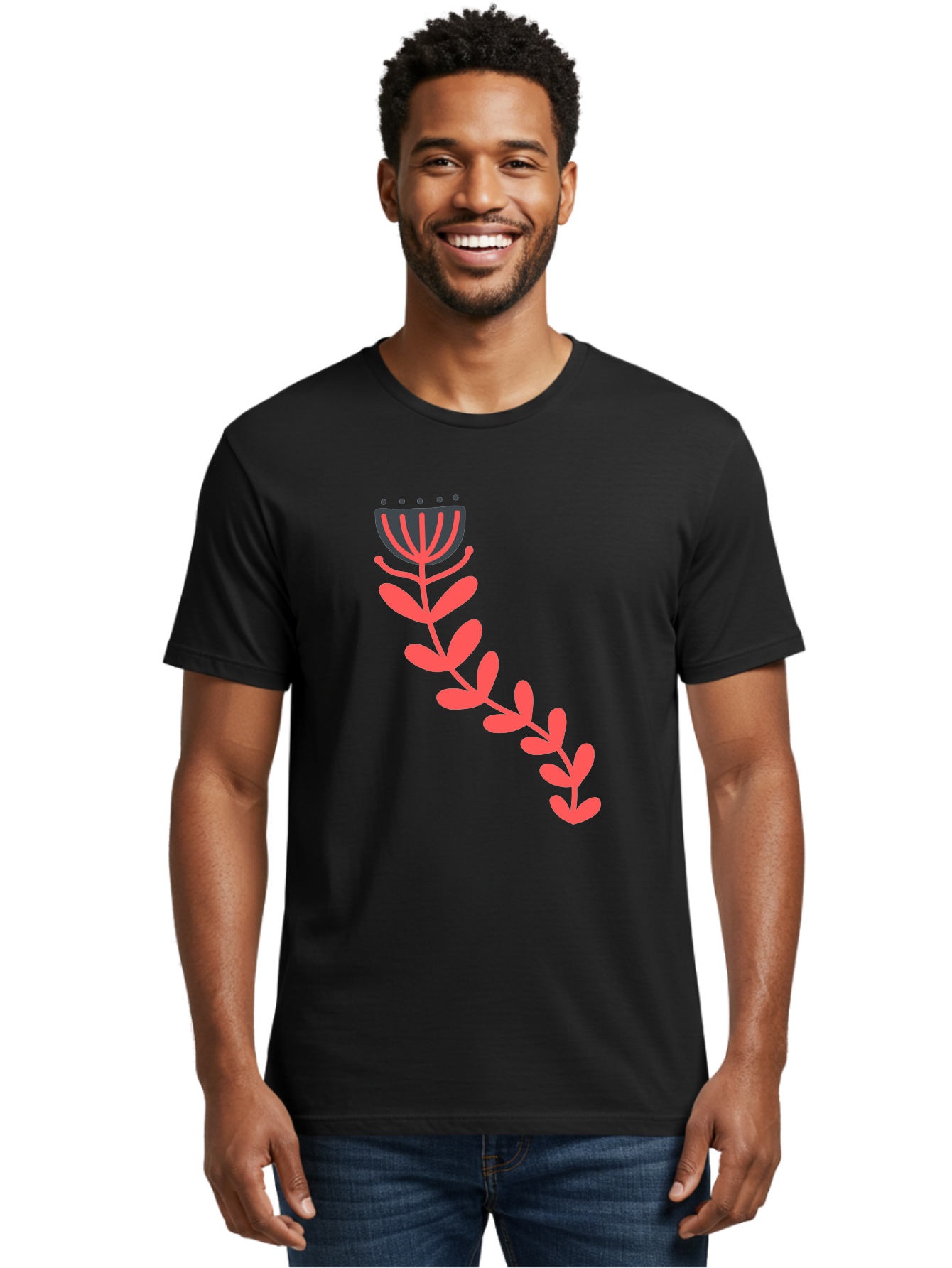 Flower-Illustration Men'S Graphic Tee, 100% Cotton, Comfortable Casual Summer Wear, Machine Washable, Stylized Tulip, Simple Design, Floral Pattern, Minimalist Art, Pink And Black, Leaves And Stem, Graphic Illustration, Modern Art Aab734 20